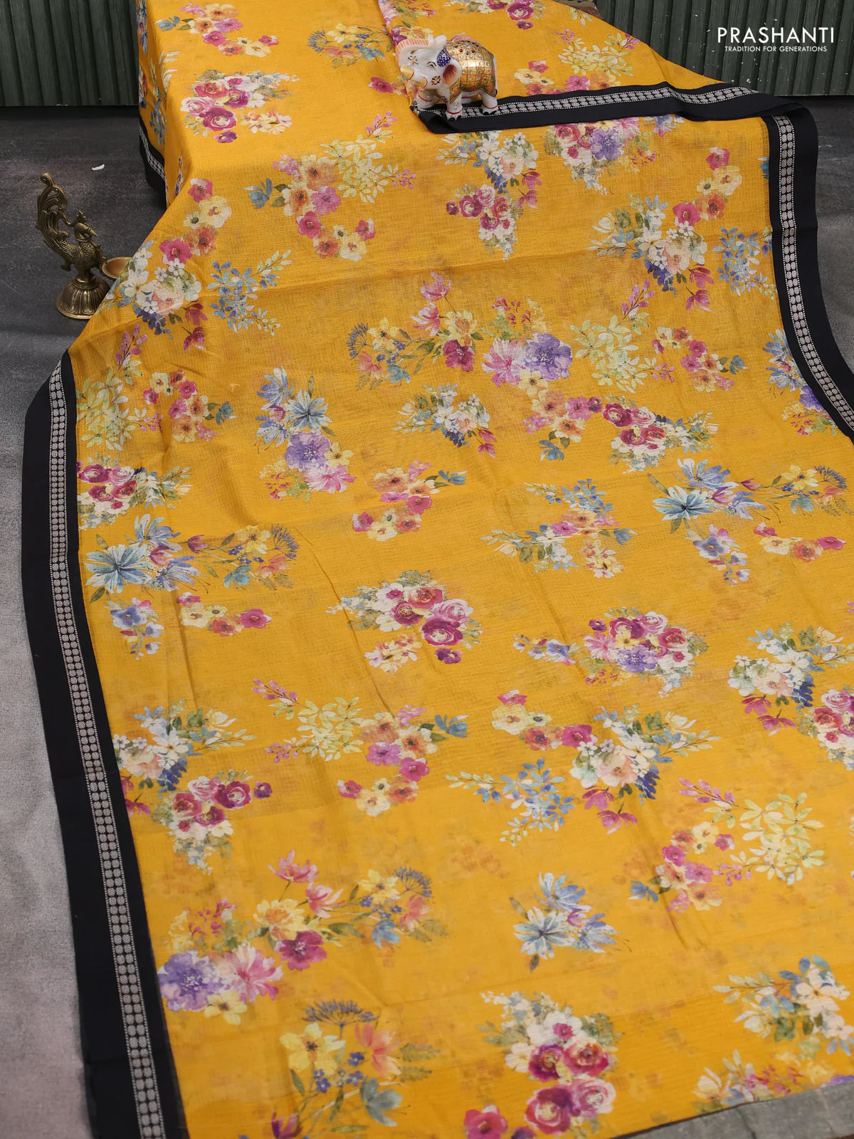 Kota silk cotton saree mustard yellow and black with allover floral digital prints and thread woven border - Image 2