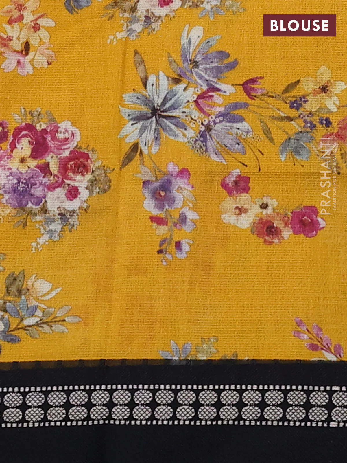 Kota silk cotton saree mustard yellow and black with allover floral digital prints and thread woven border - Image 3