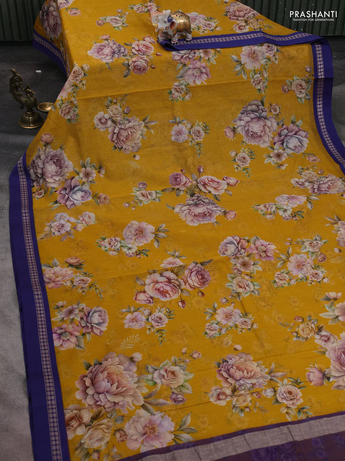 Kota silk cotton saree mustard yellow and blue with allover floral digital prints and thread woven border - Image 2