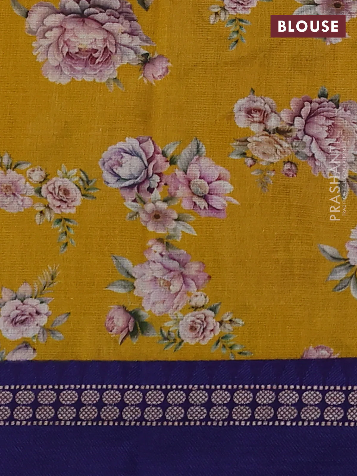 Kota silk cotton saree mustard yellow and blue with allover floral digital prints and thread woven border - Image 3