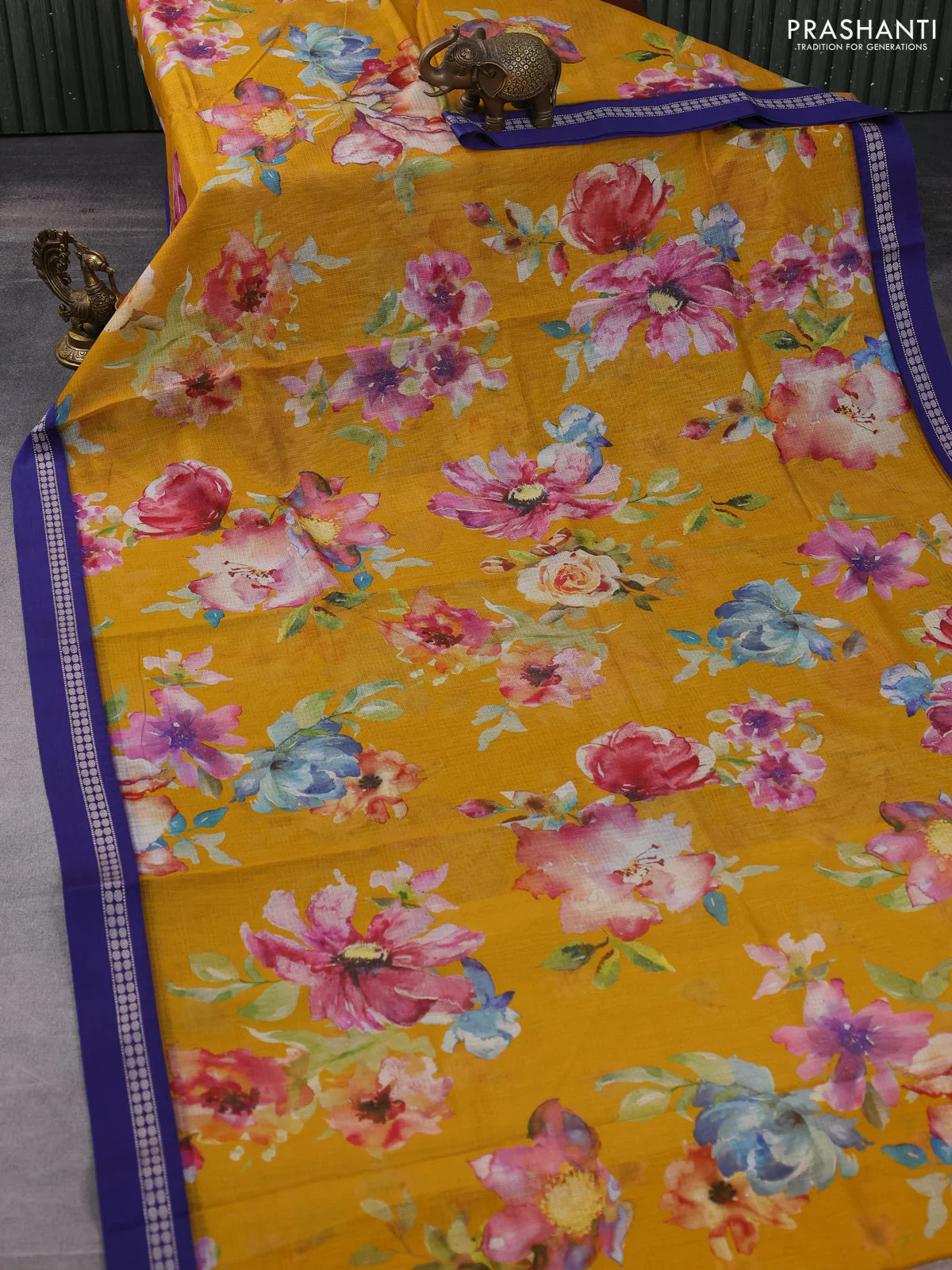 Kota silk cotton saree mustard yellow and blue with allover floral digital prints and thread woven border - Image 2