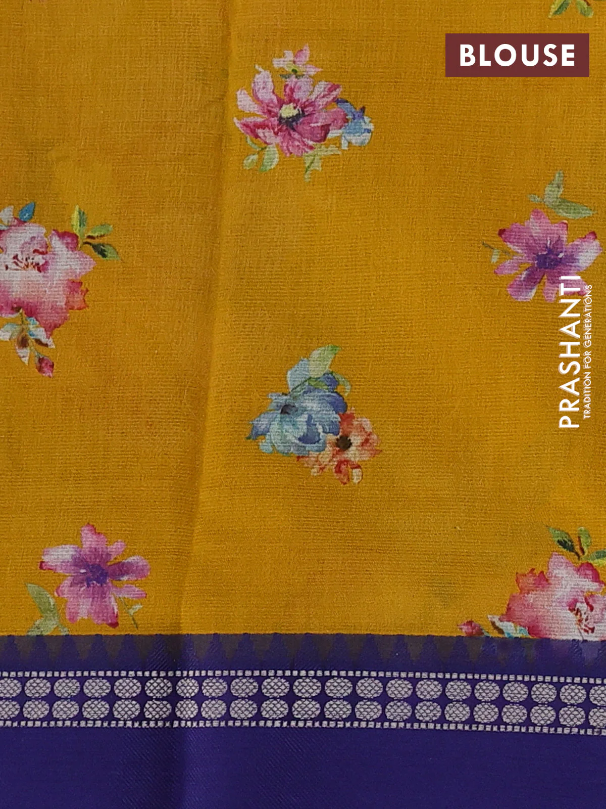 Kota silk cotton saree mustard yellow and blue with allover floral digital prints and thread woven border - Image 3
