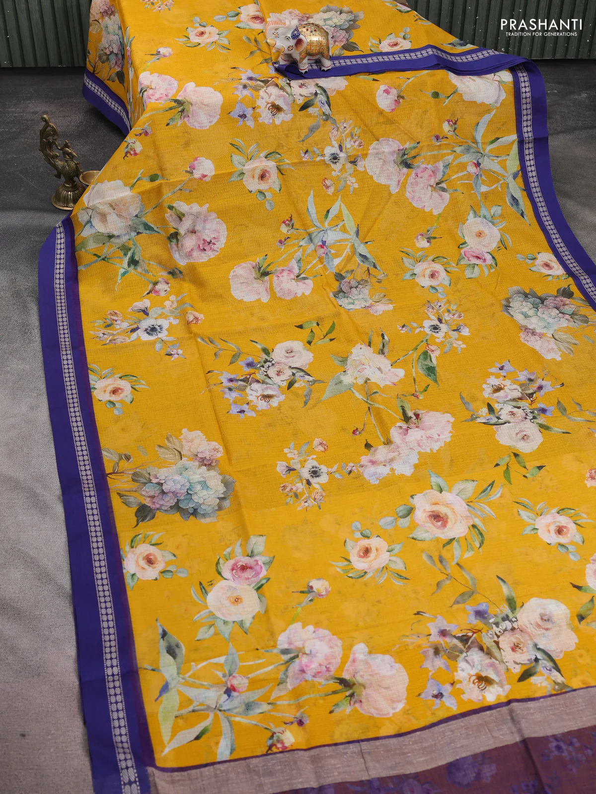 Kota silk cotton saree mustard yellow and blue with allover floral digital prints and thread woven border - Image 2