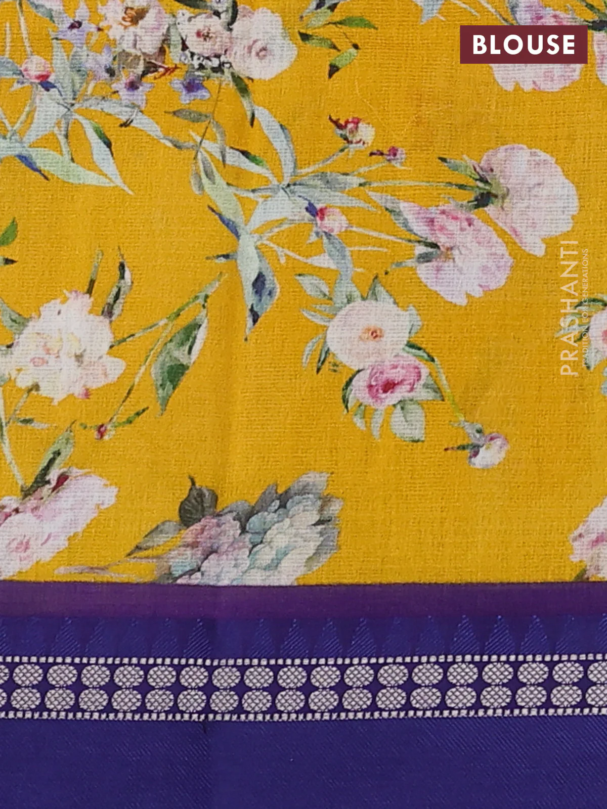 Kota silk cotton saree mustard yellow and blue with allover floral digital prints and thread woven border - Image 3