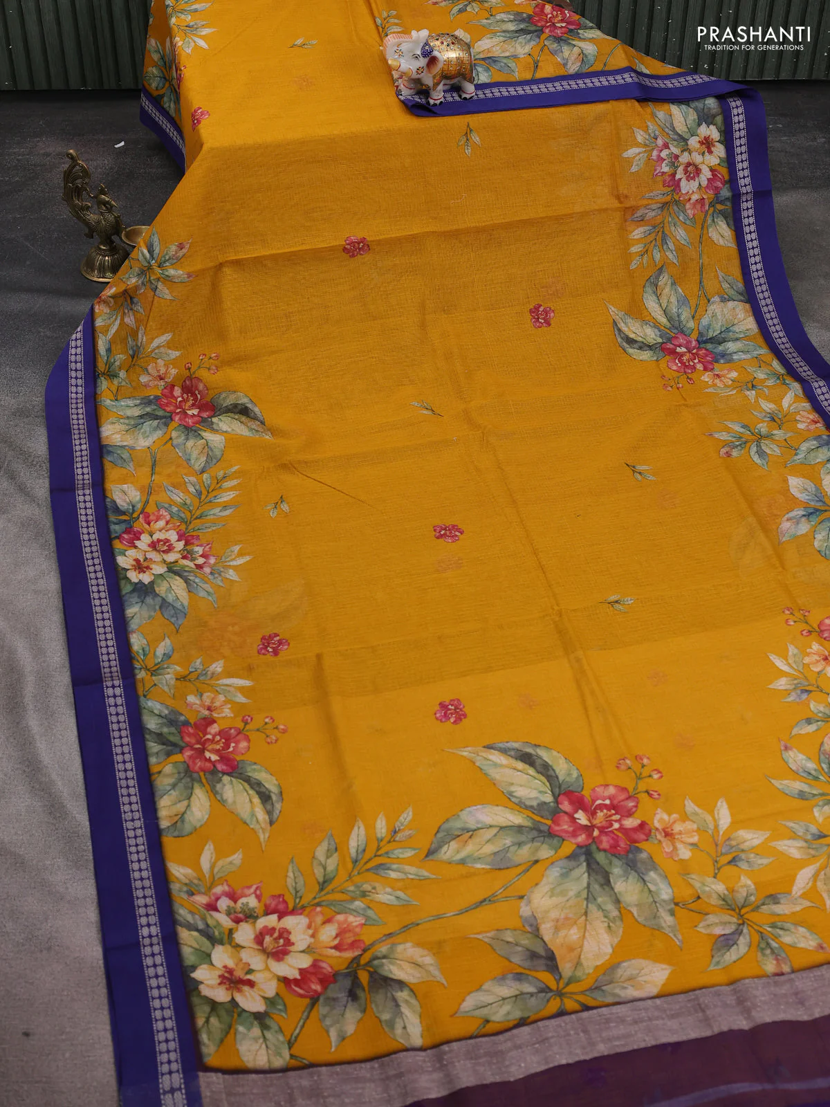 Kota silk cotton saree mustard yellow and blue with floral digital prints and thread woven border - Image 2