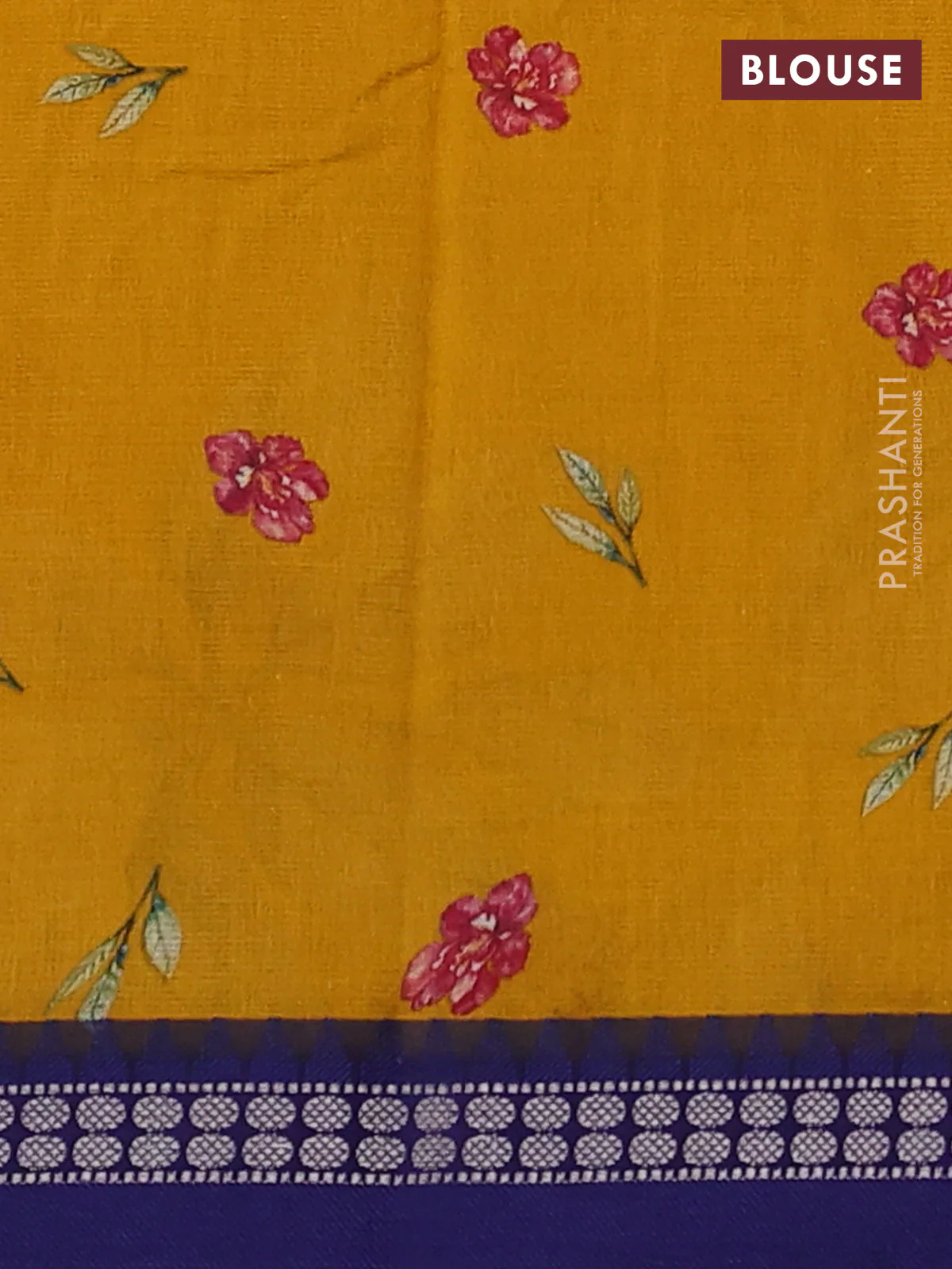Kota silk cotton saree mustard yellow and blue with floral digital prints and thread woven border - Image 3