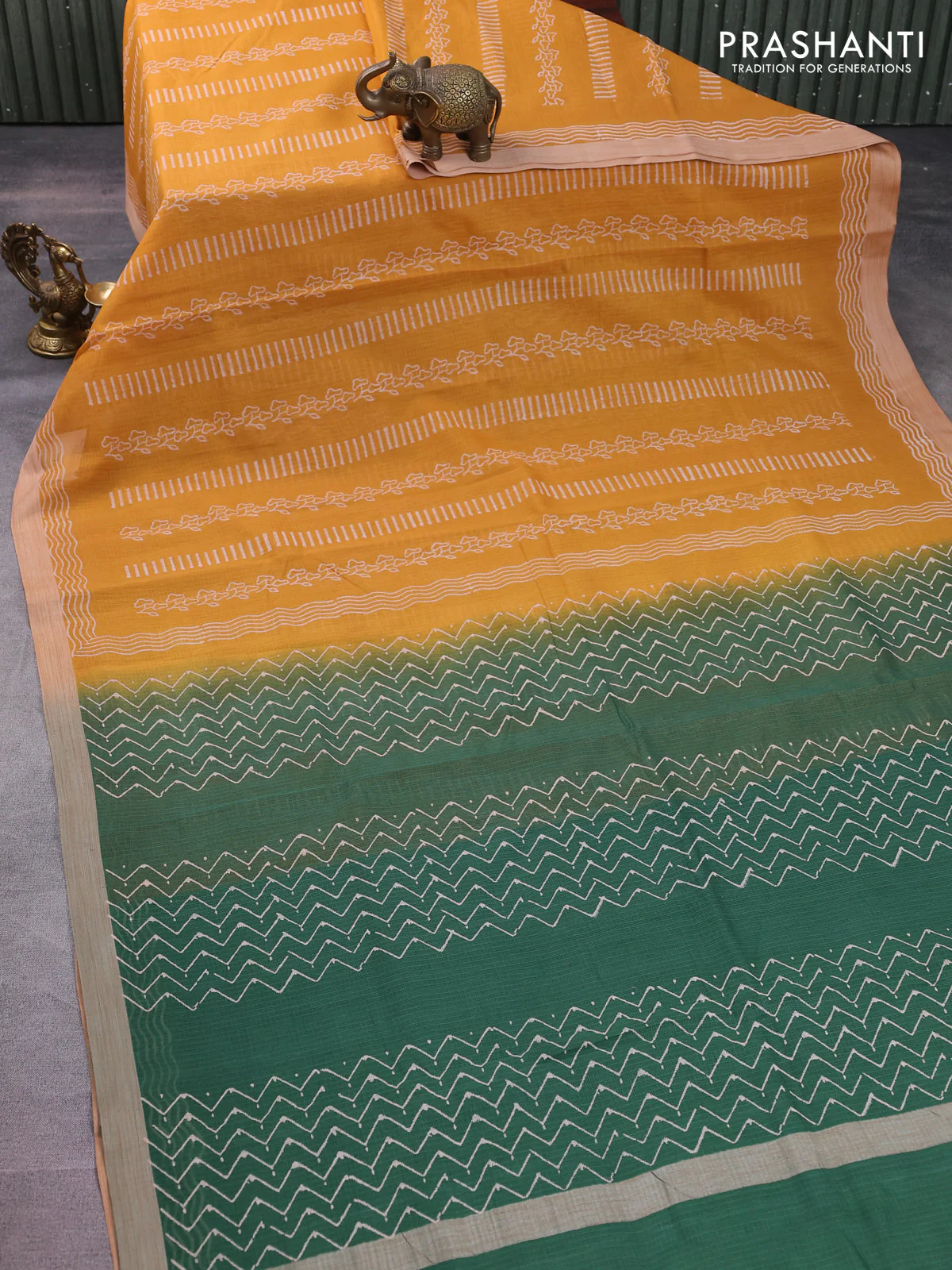 Kota silk cotton saree mustard yellow and green with allover block prints and simple border - Image 2