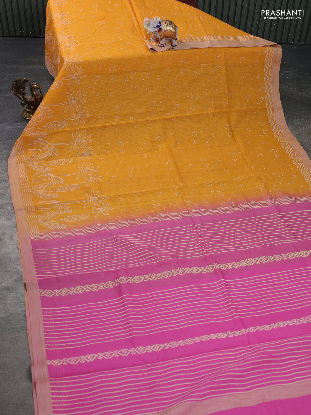 Kota silk cotton saree mustard yellow and pink with allover block prints and simple border - Image 2