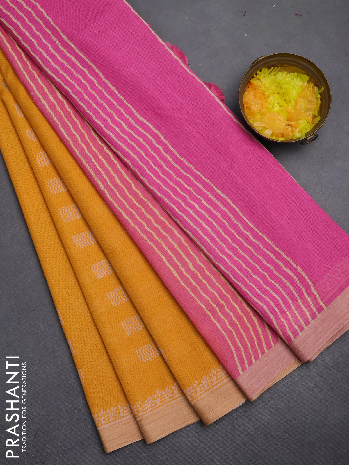 Kota silk cotton saree mustard yellow and pink with allover block prints and simple border