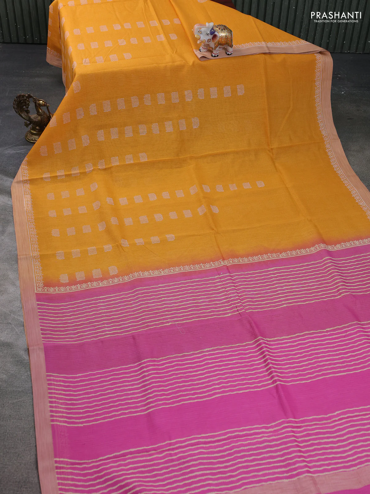 Kota silk cotton saree mustard yellow and pink with allover block prints and simple border - Image 2