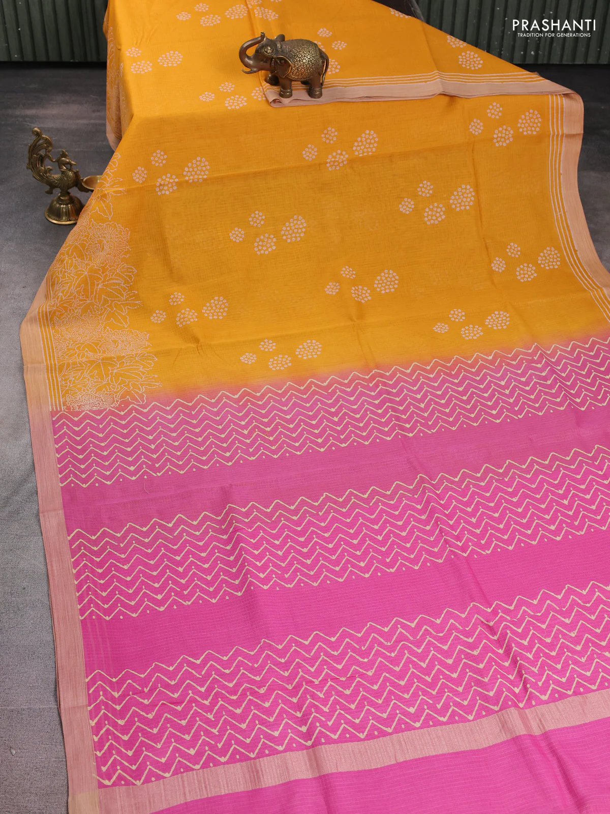 Kota silk cotton saree mustard yellow and pink with allover block prints and simple border - Image 2