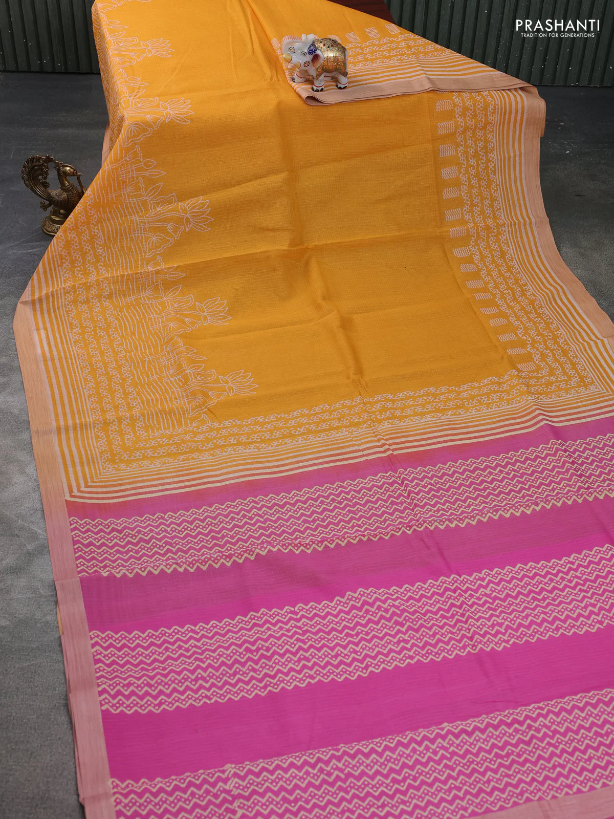 Kota silk cotton saree mustard yellow and pink with allover block prints and simple border - Image 2