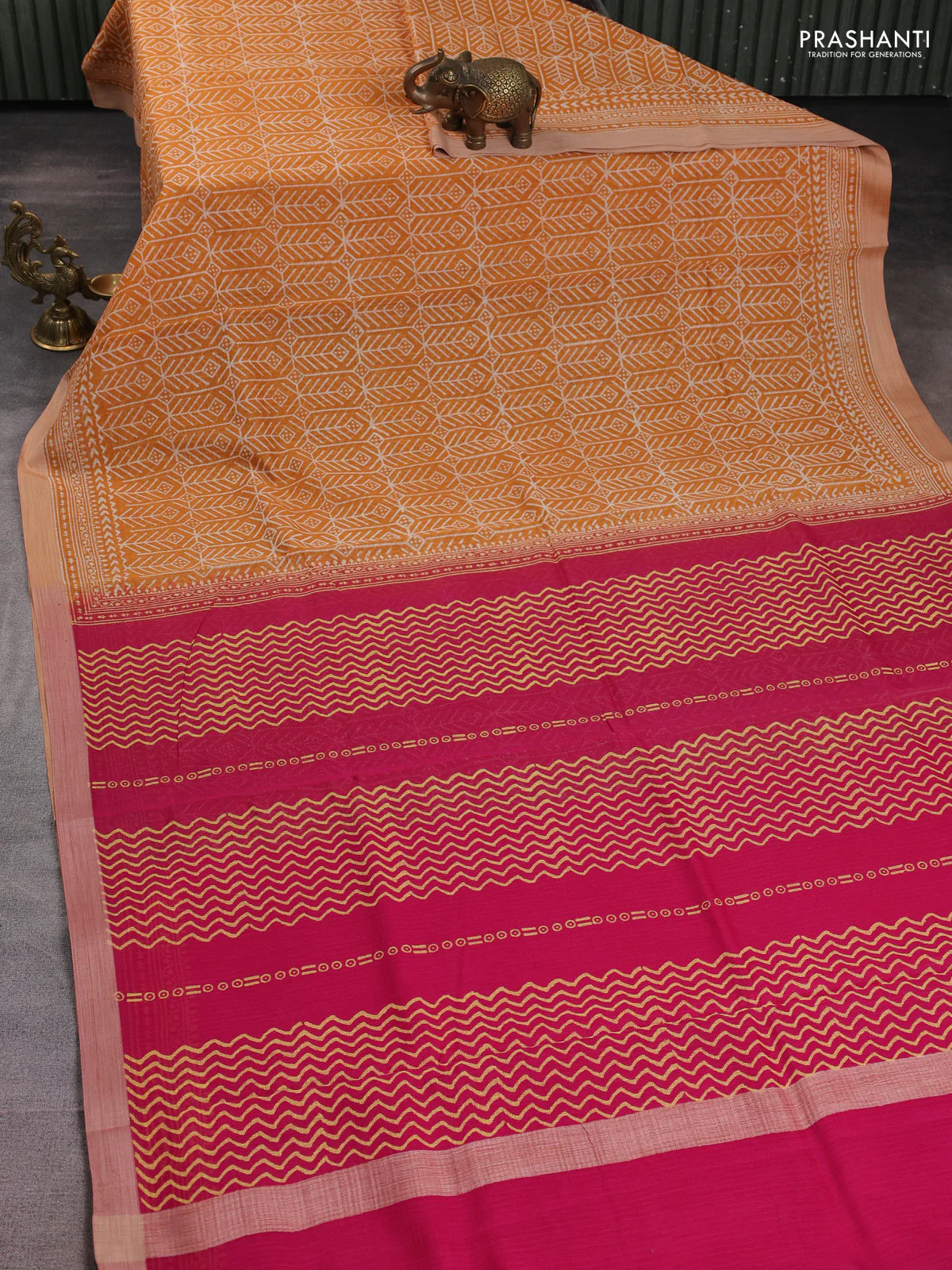 Kota silk cotton saree mustard yellow and pink with allover block prints and simple border - Image 2