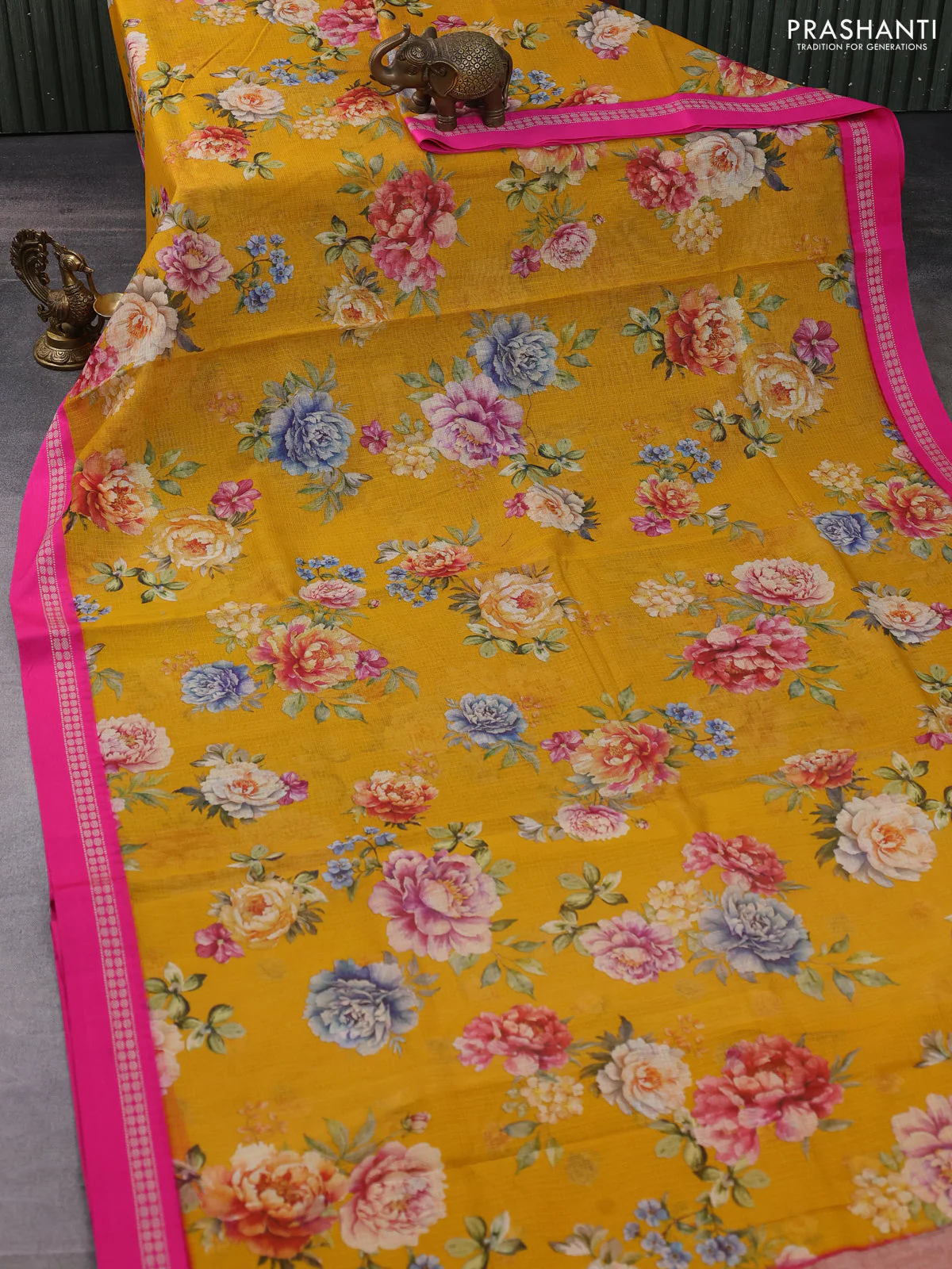 Kota silk cotton saree mustard yellow and pink with allover floral digital prints and thread woven border - Image 2