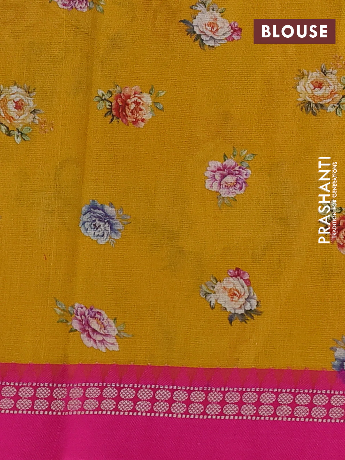 Kota silk cotton saree mustard yellow and pink with allover floral digital prints and thread woven border - Image 3