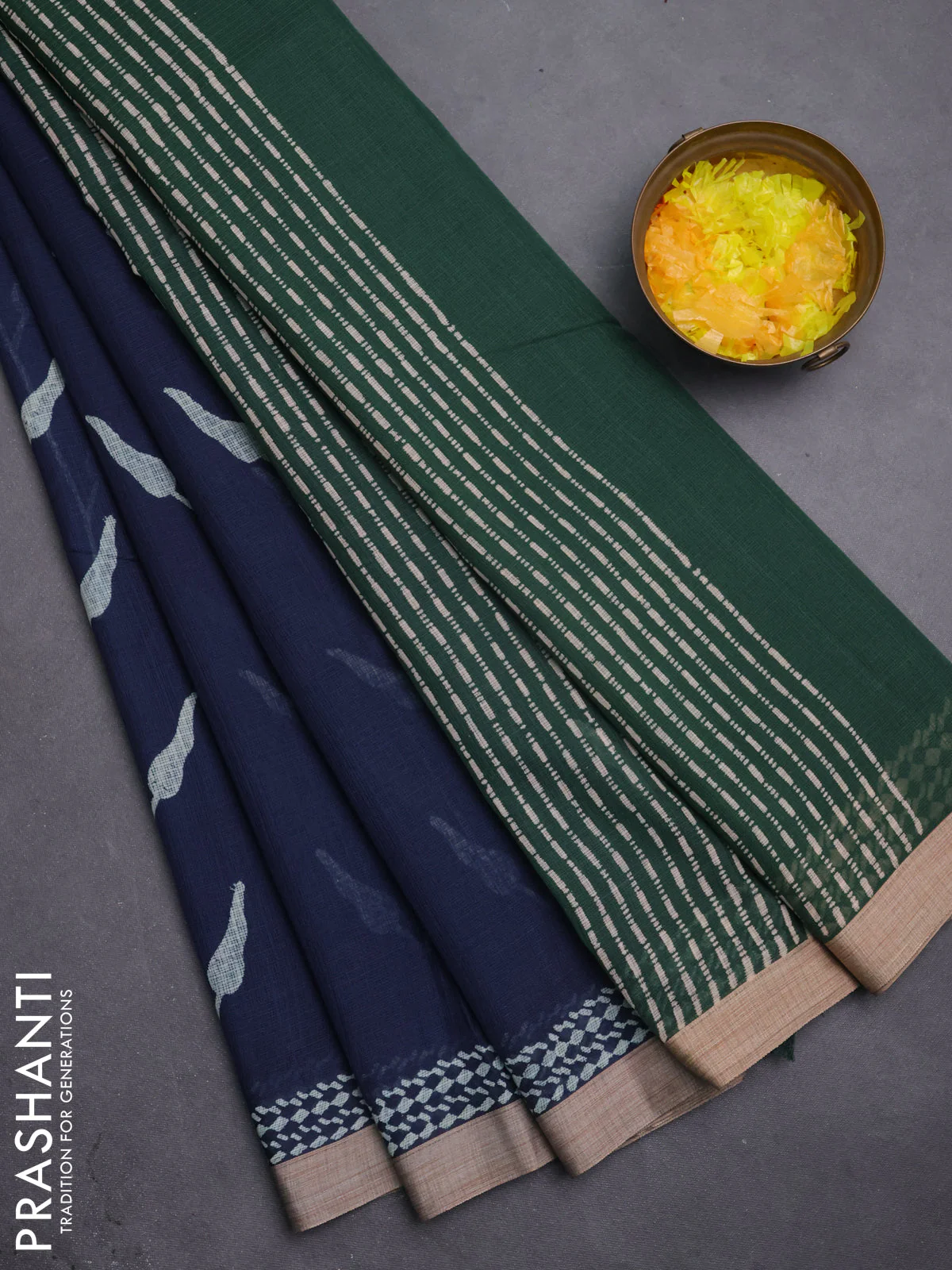 Kota silk cotton saree navy blue and bottle green with allover block prints and simple border