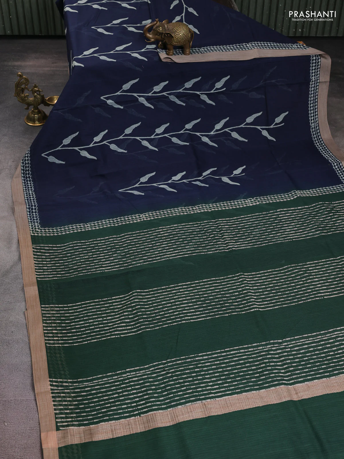 Kota silk cotton saree navy blue and bottle green with allover block prints and simple border - Image 2