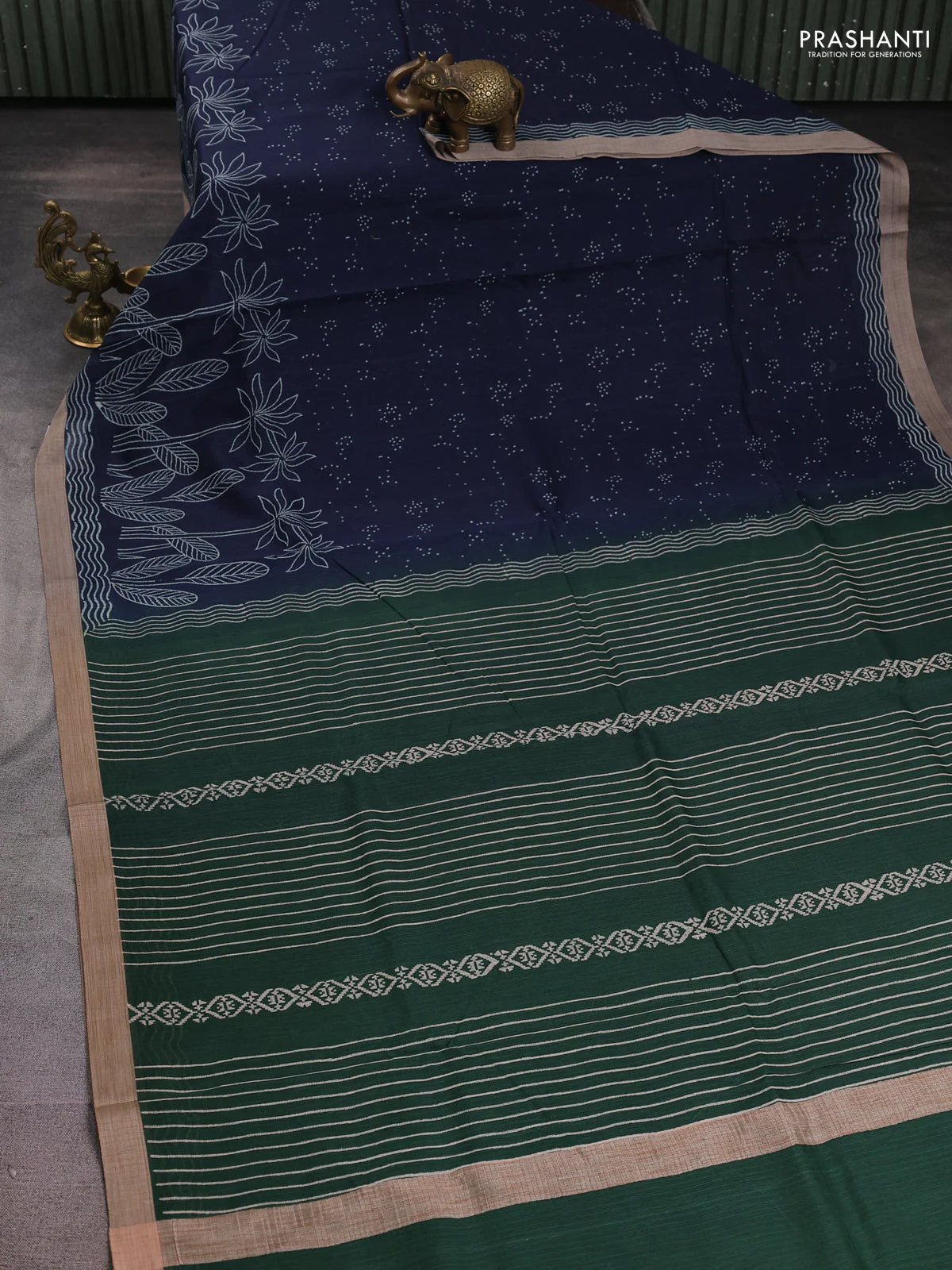 Kota silk cotton saree navy blue and bottle green with allover block prints and simple border - Image 2