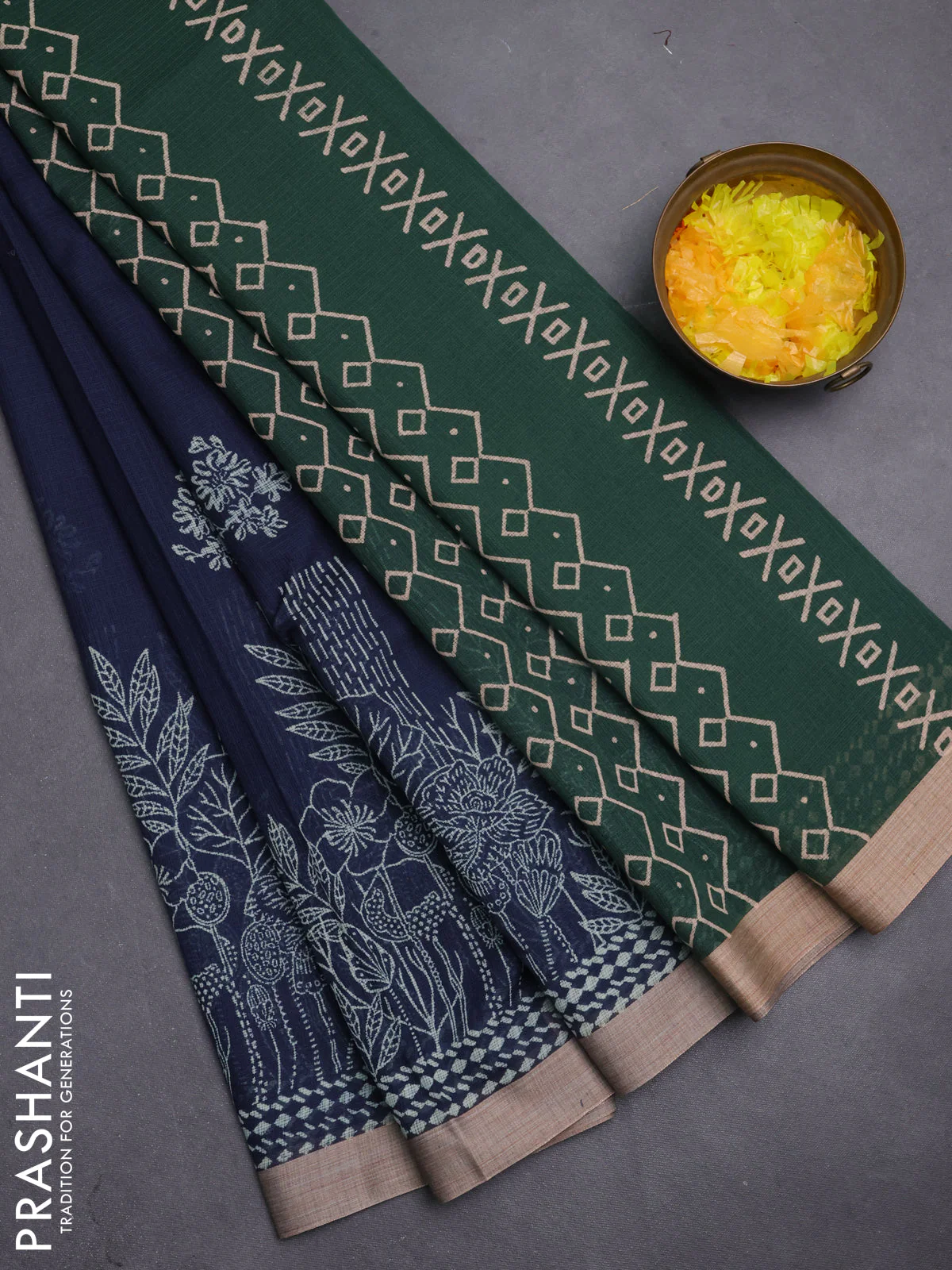 Kota silk cotton saree navy blue and bottle green with allover block prints and simple border