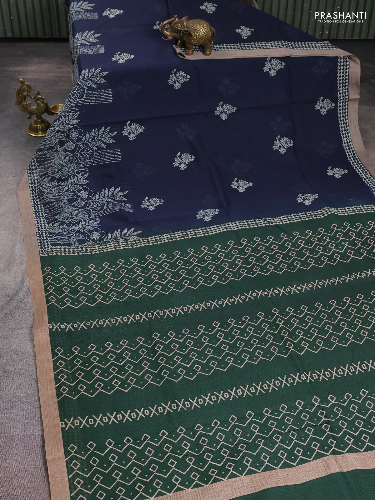 Kota silk cotton saree navy blue and bottle green with allover block prints and simple border - Image 2