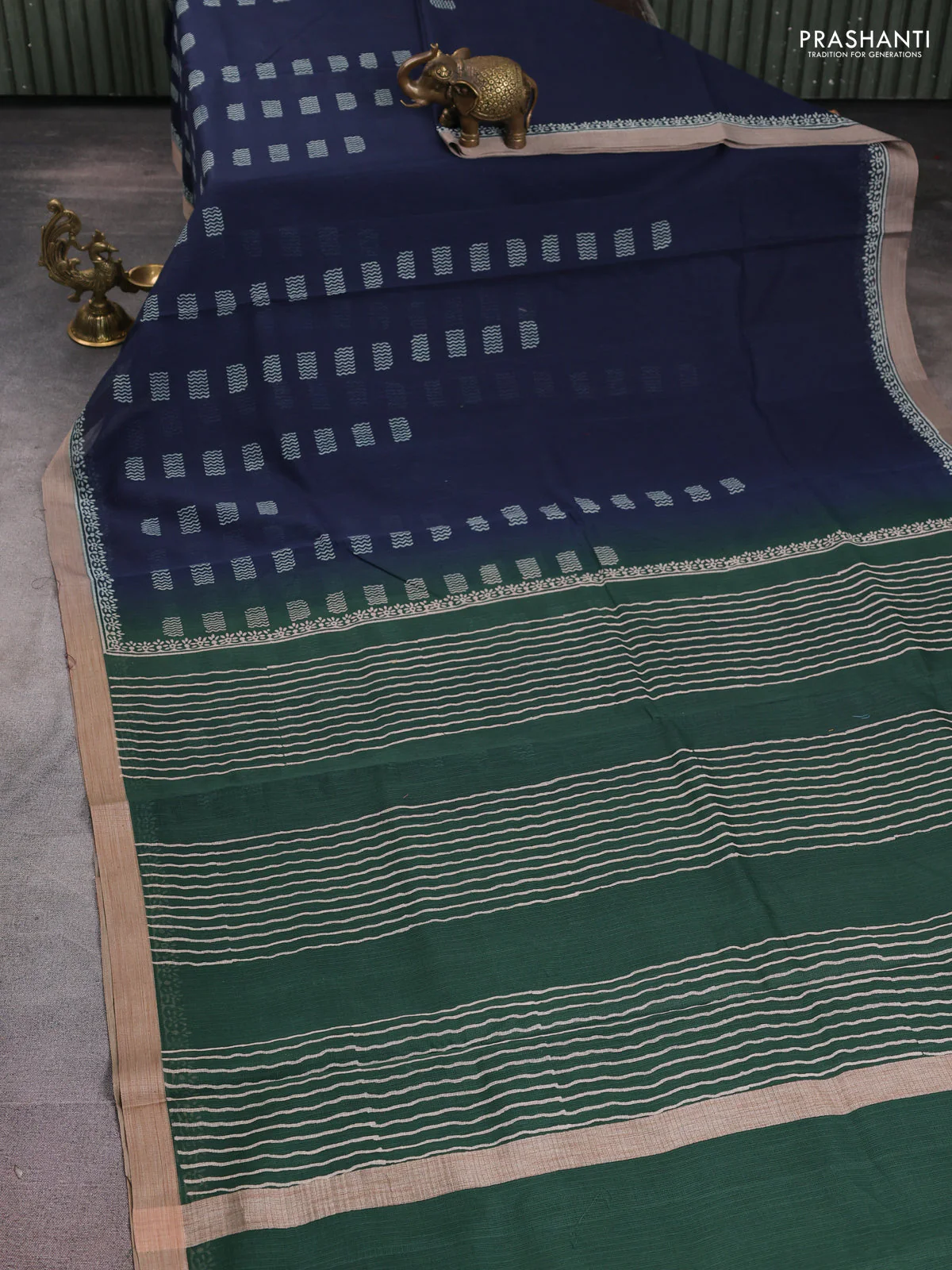 Kota silk cotton saree navy blue and bottle green with allover block prints and simple border - Image 2