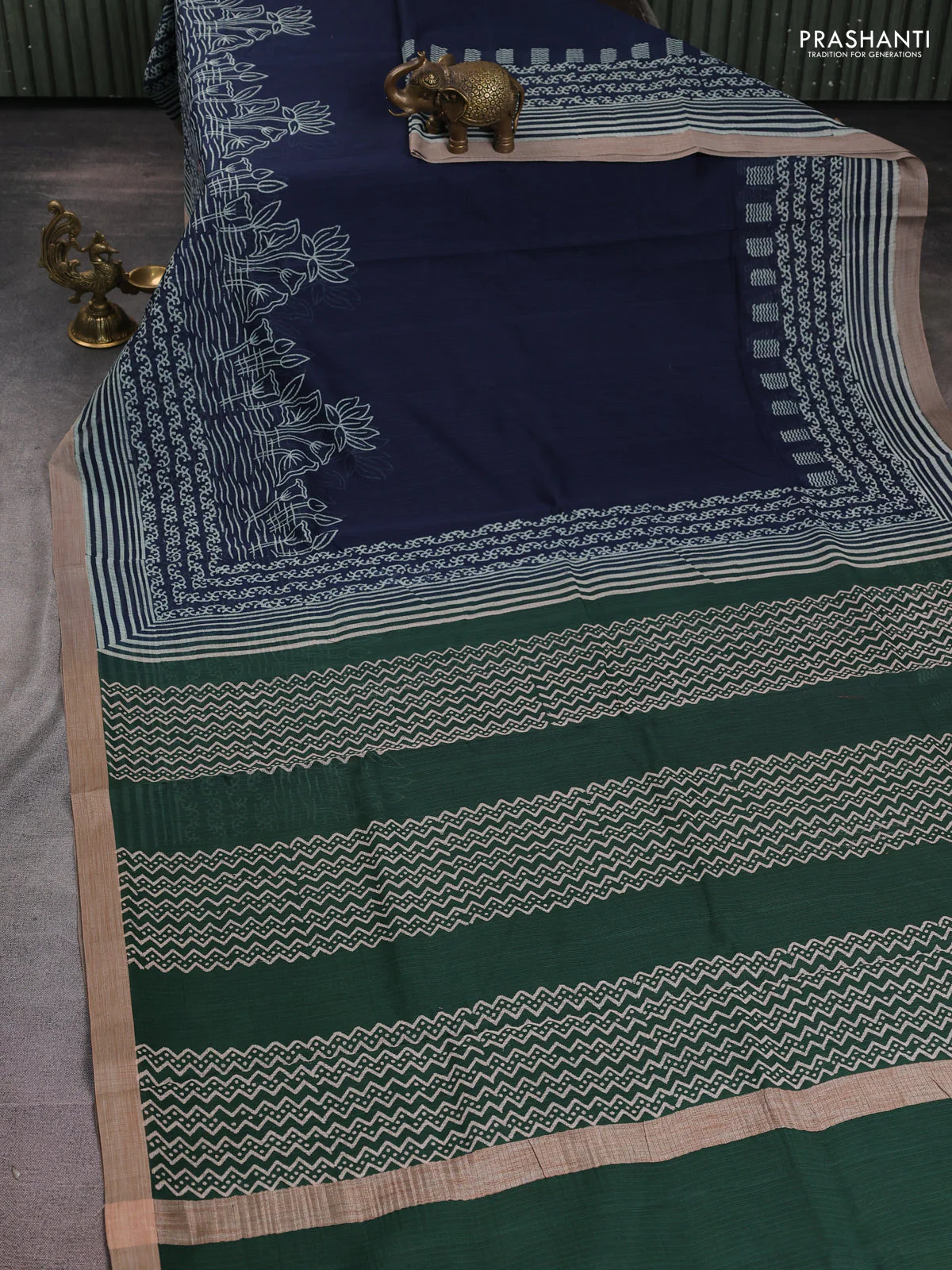 Kota silk cotton saree navy blue and bottle green with allover block prints and simple border - Image 2