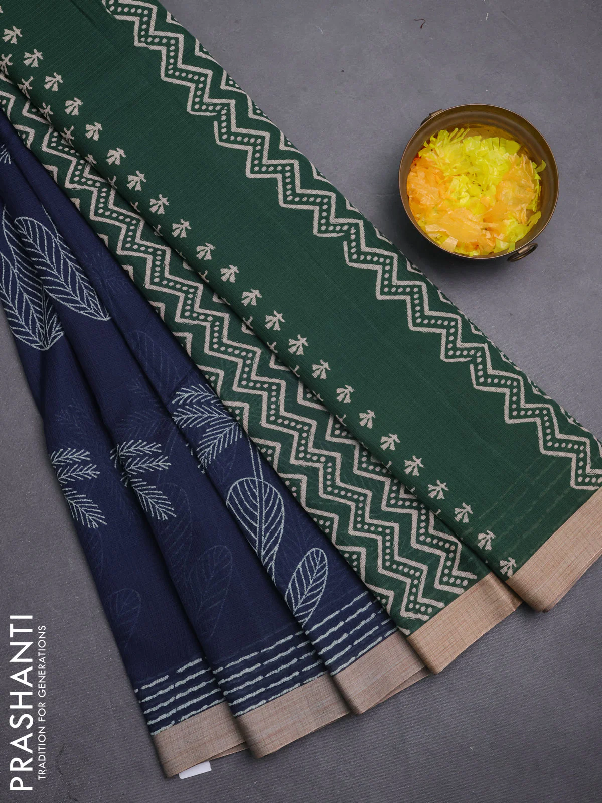 Kota silk cotton saree navy blue and bottle green with allover block prints and simple border