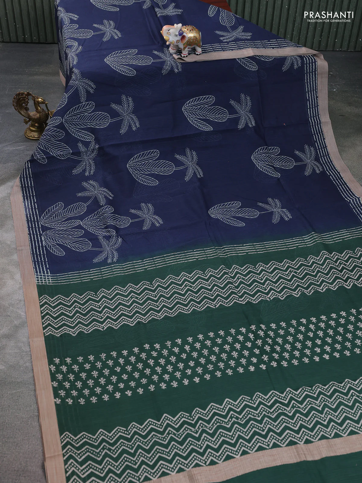 Kota silk cotton saree navy blue and bottle green with allover block prints and simple border - Image 2