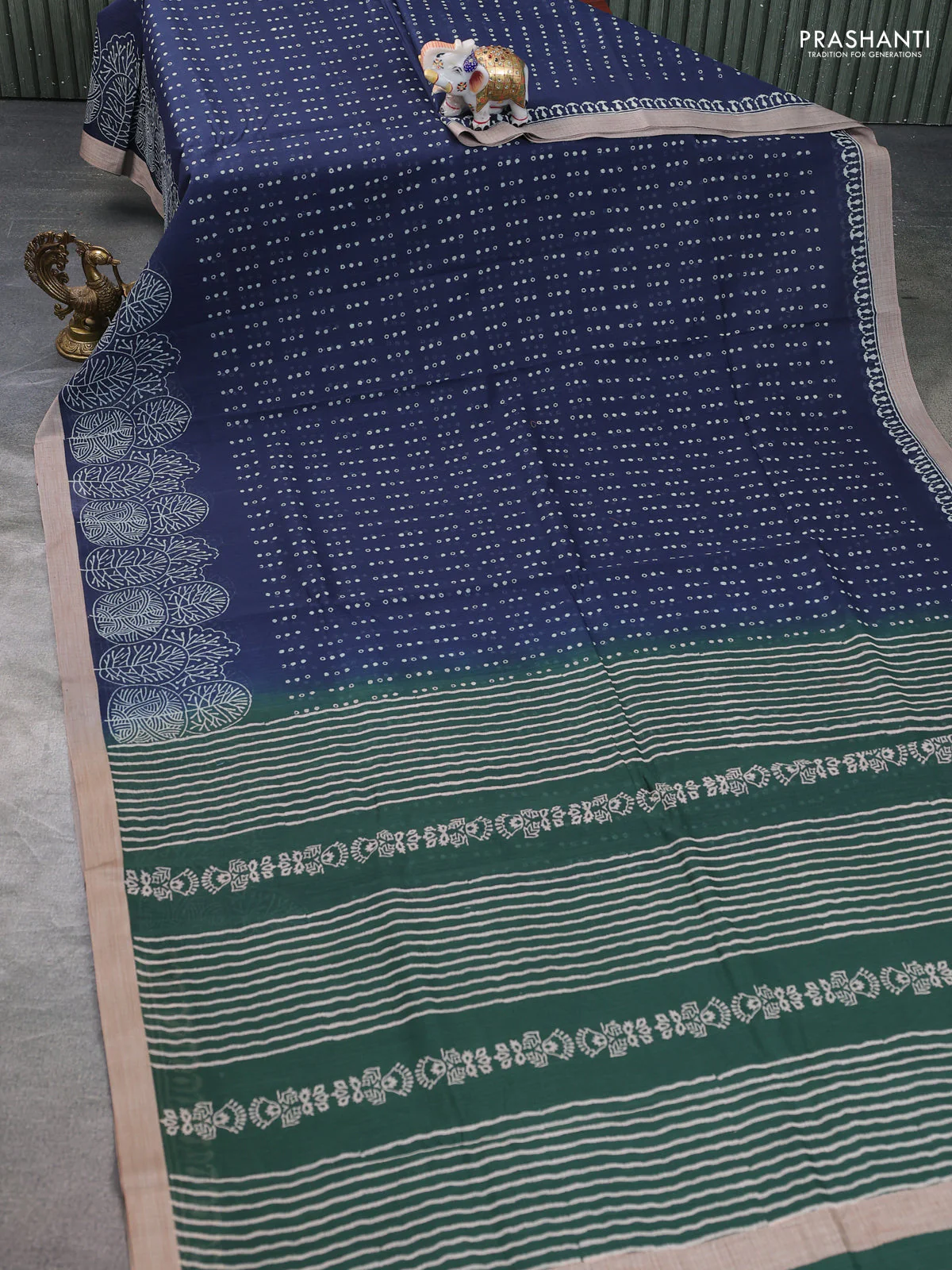 Kota silk cotton saree navy blue and bottle green with block prints and simple border - Image 2