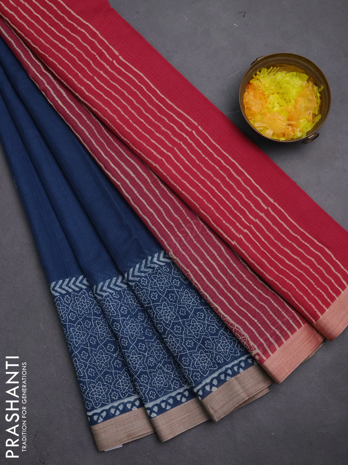 Kota silk cotton saree navy blue and maroon with block prints and long printed border