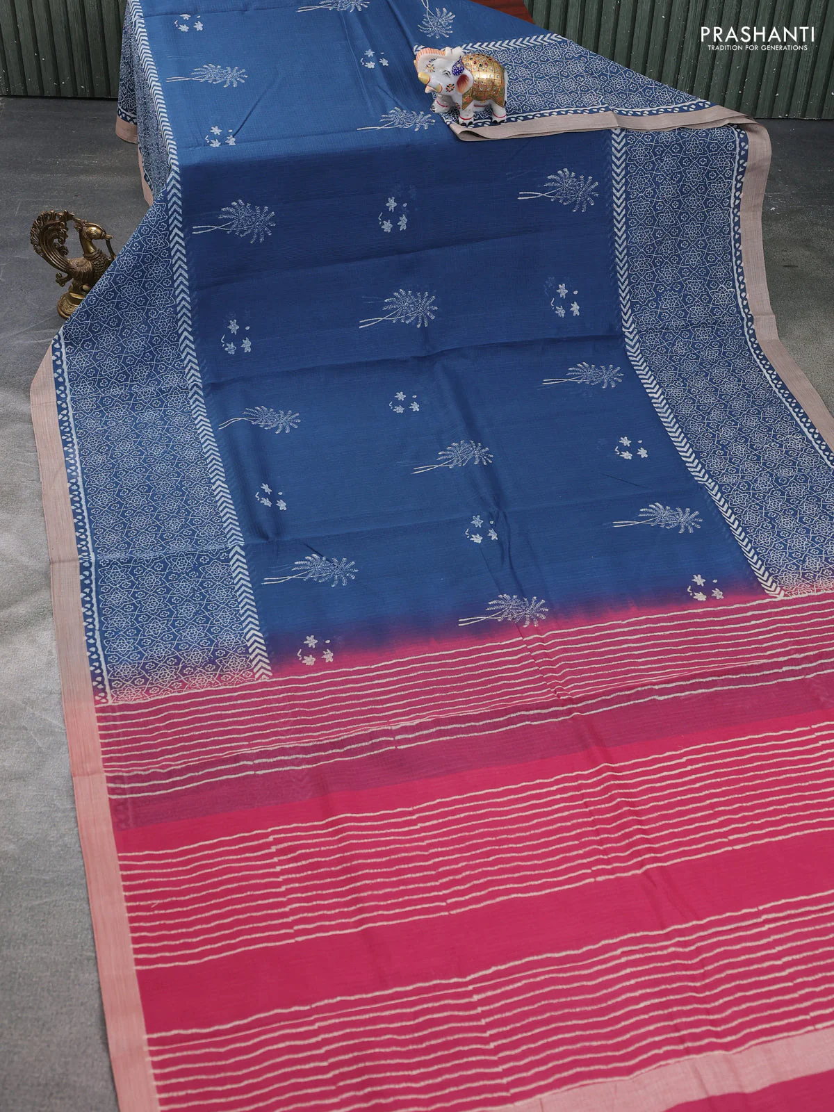 Kota silk cotton saree navy blue and maroon with block prints and long printed border - Image 2