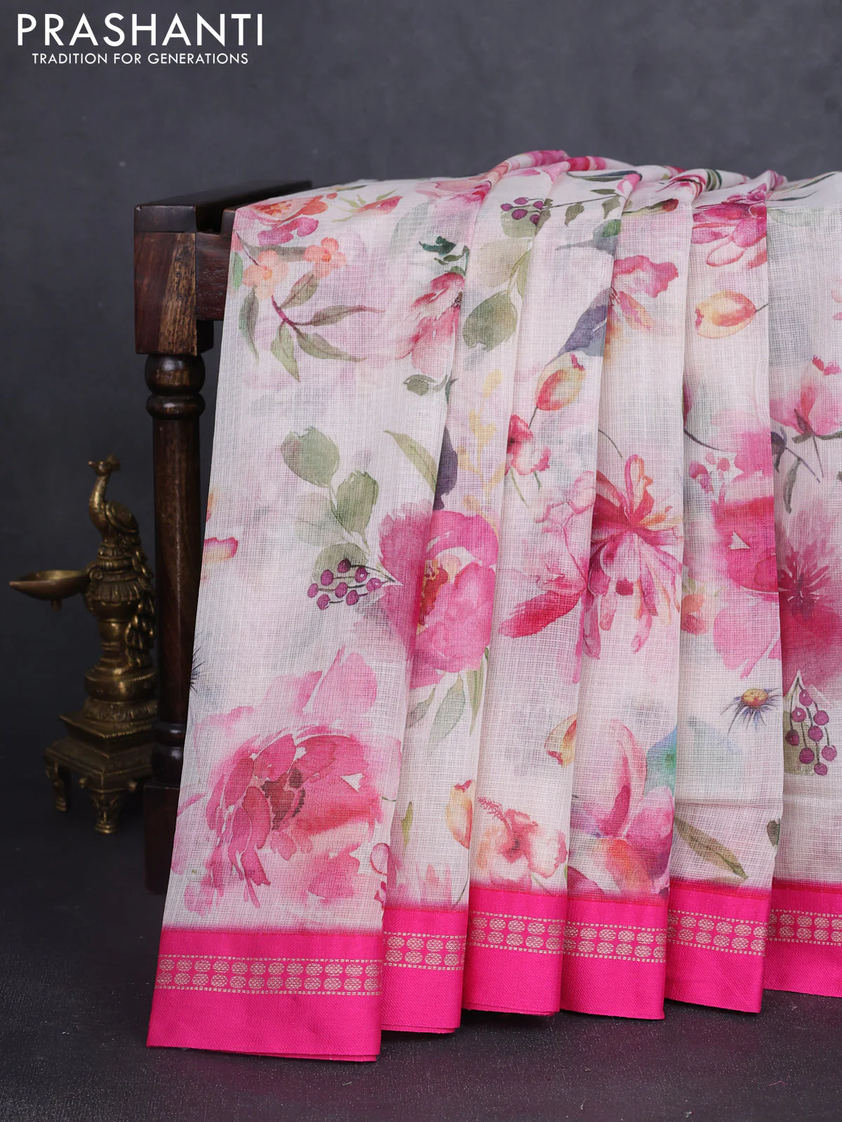 Kota silk cotton saree off white and pink with allover floral digital prints and thread woven border