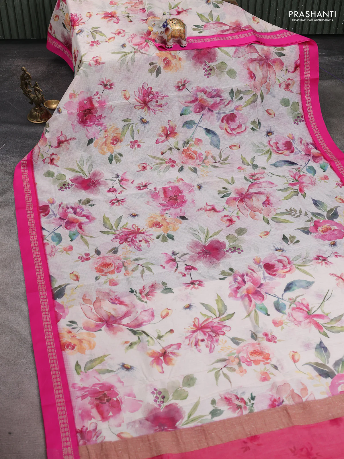 Kota silk cotton saree off white and pink with allover floral digital prints and thread woven border - Image 2