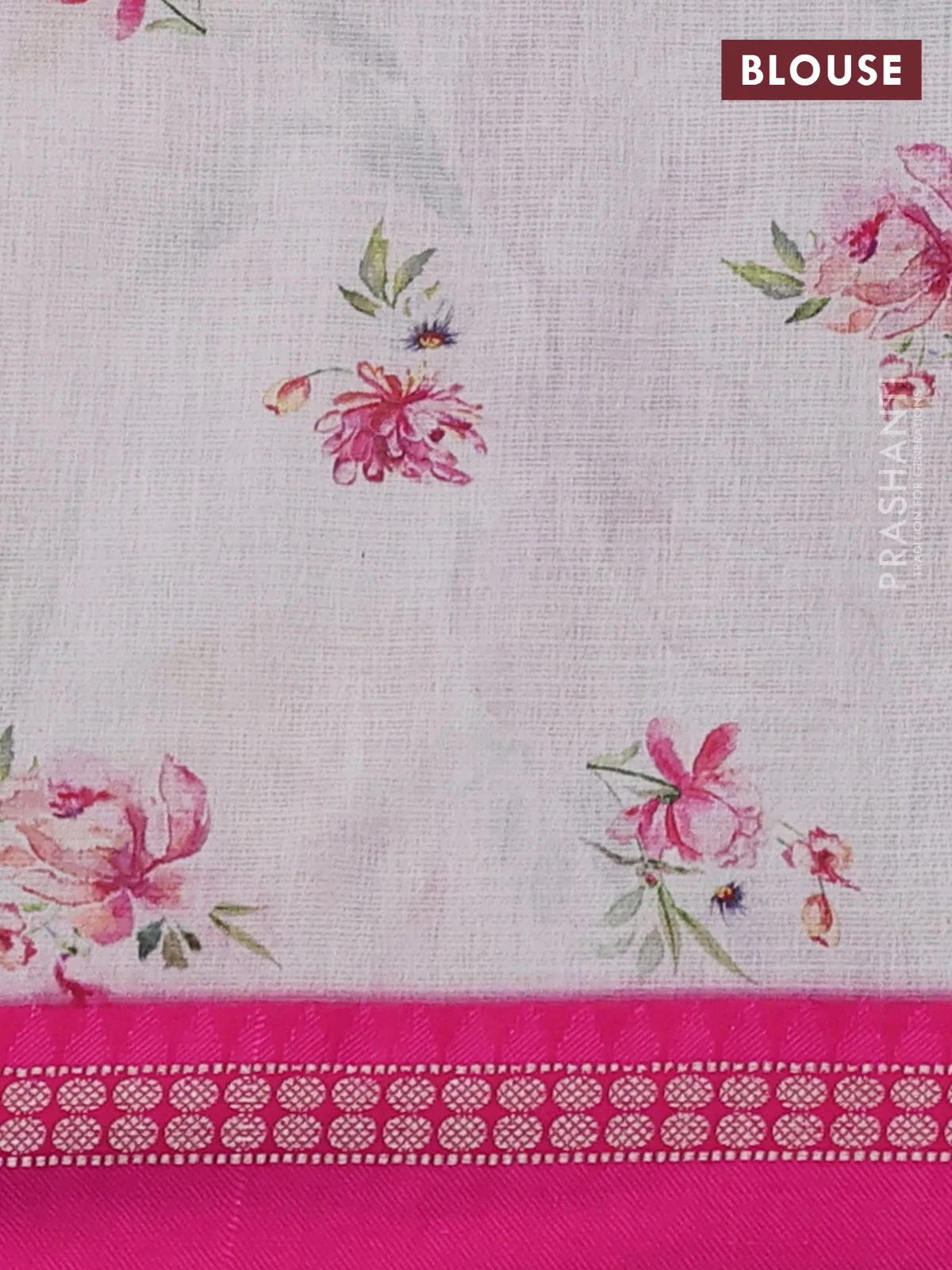 Kota silk cotton saree off white and pink with allover floral digital prints and thread woven border - Image 3