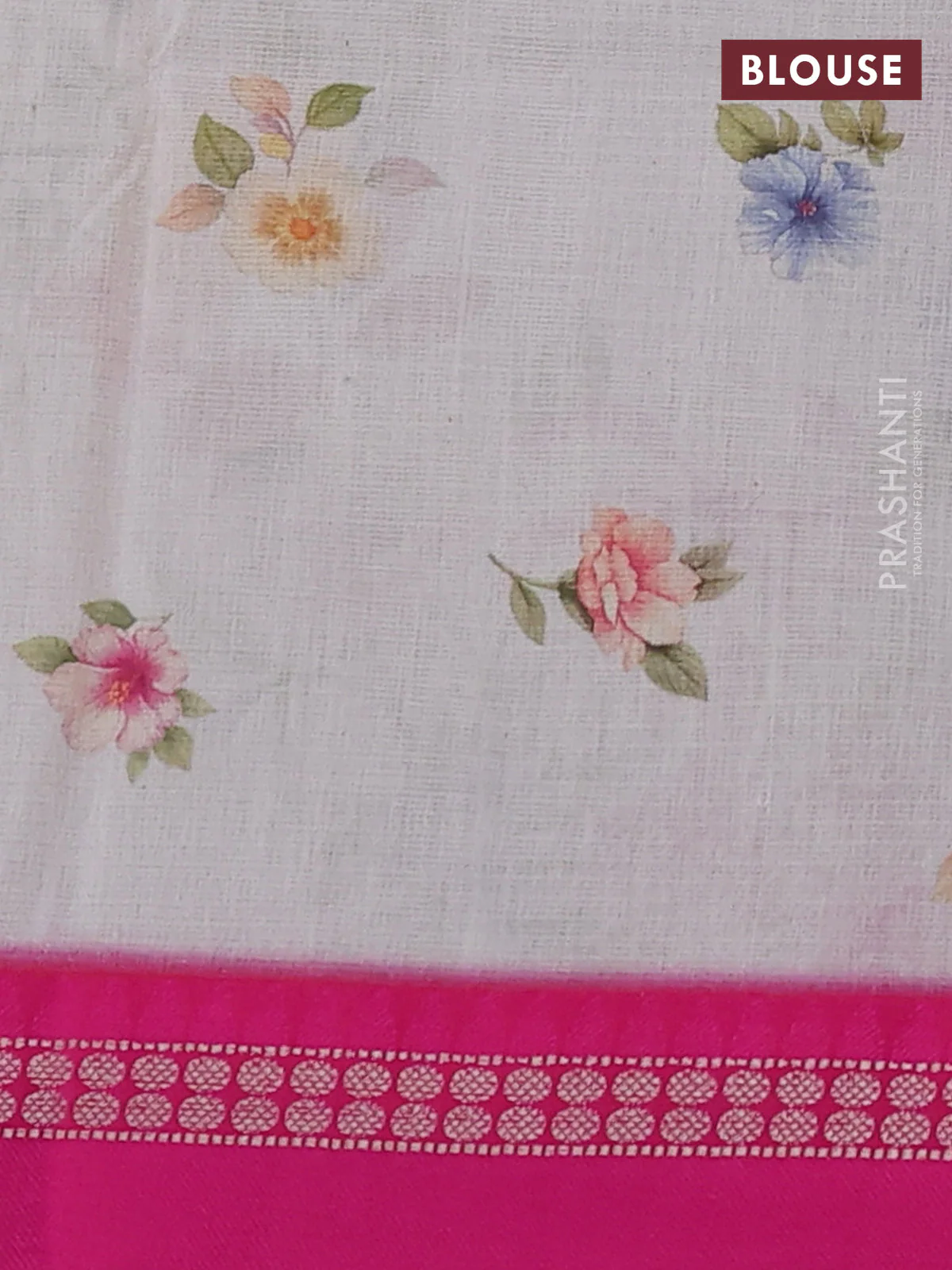 Kota silk cotton saree off white and pink with floarl digital prints and thread woven border - Image 3
