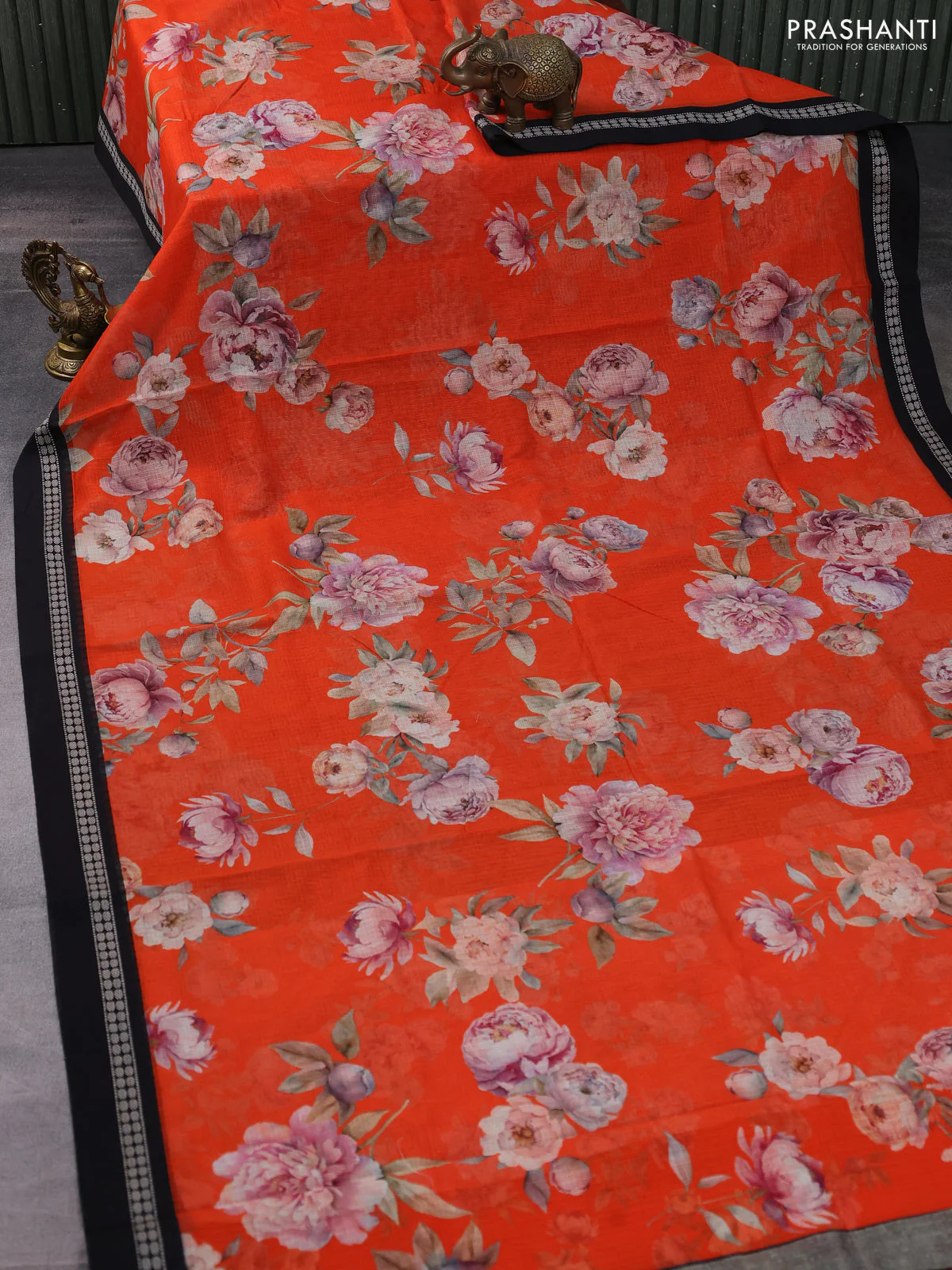 Kota silk cotton saree orange and black with floarl digital prints and thread woven border - Image 2