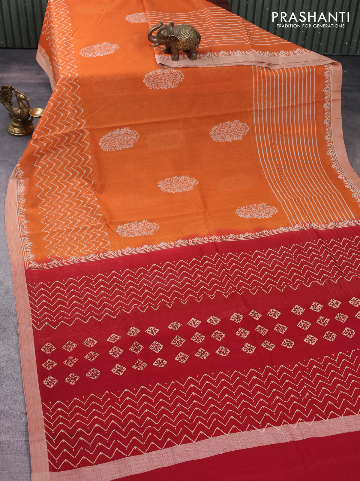 Kota silk cotton saree orange and maroon with butta block prints and long block printed border - Image 2