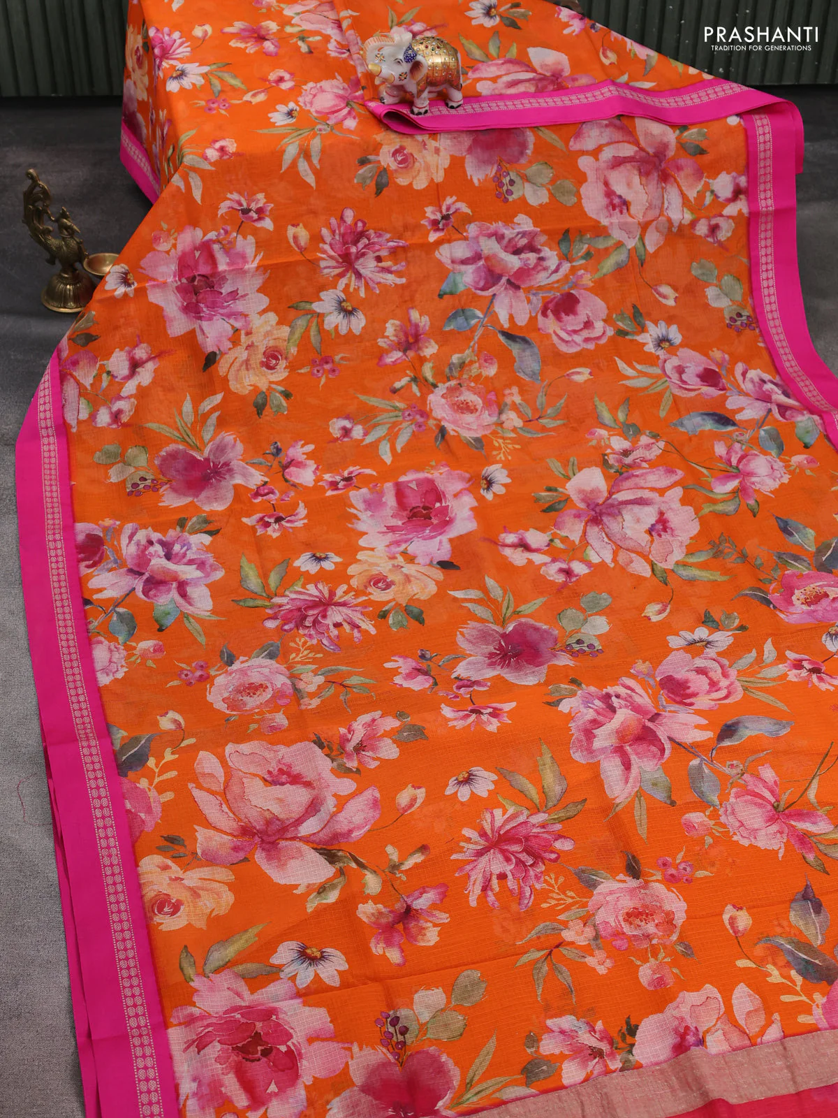 Kota silk cotton saree orange and pink with allover floral digital prints and thread woven border - Image 2