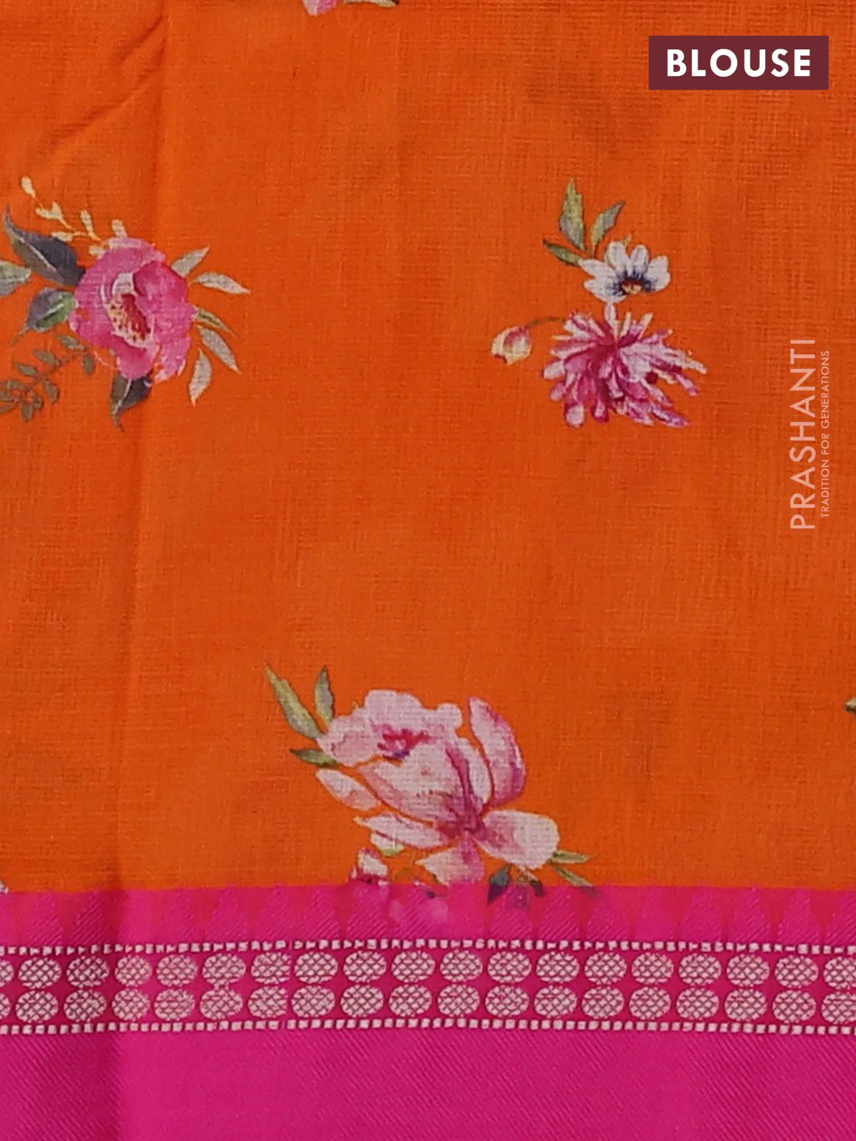 Kota silk cotton saree orange and pink with allover floral digital prints and thread woven border - Image 3