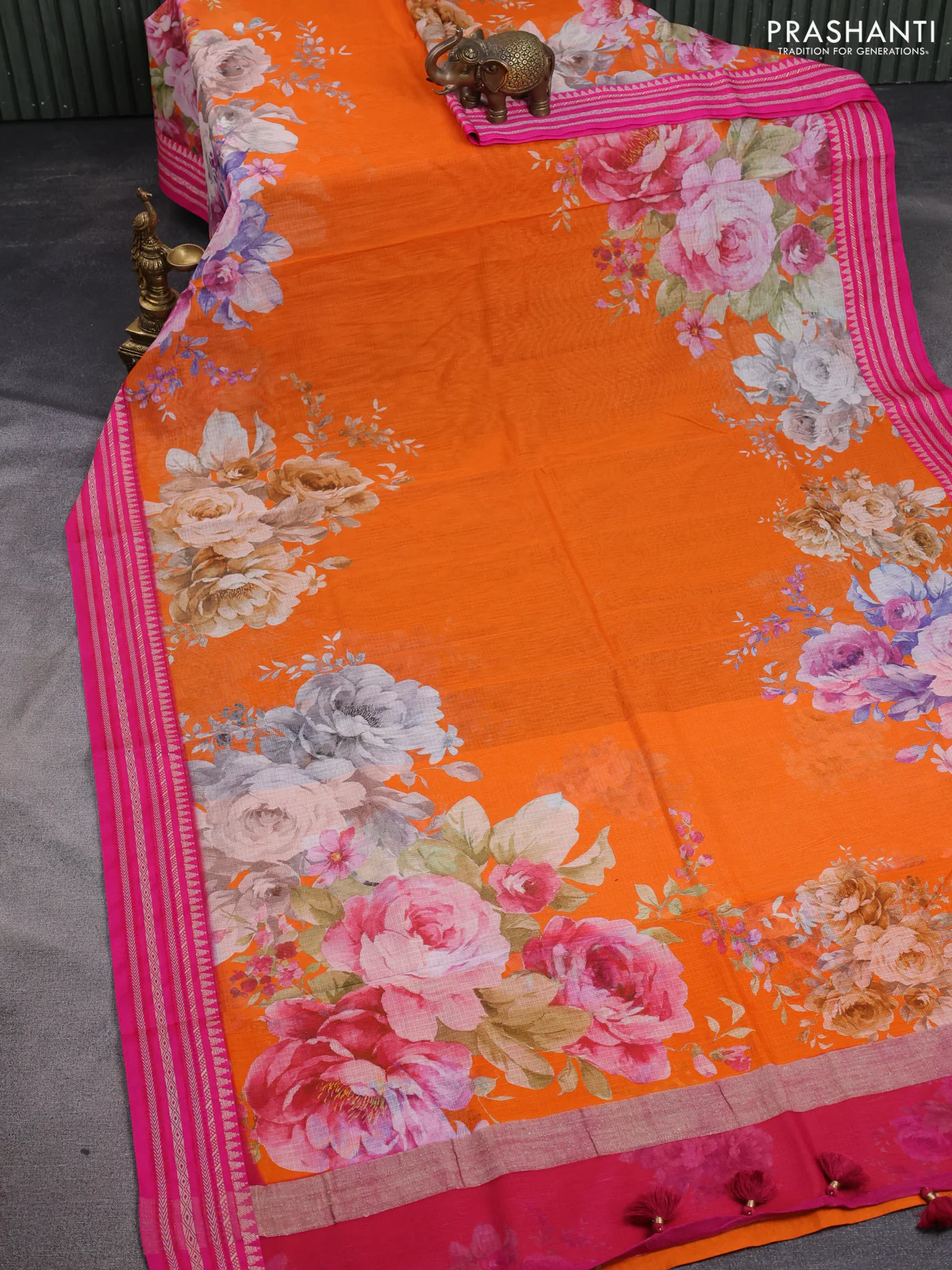 Kota silk cotton saree orange and pink with allover floral digital prints and woven border - Image 2