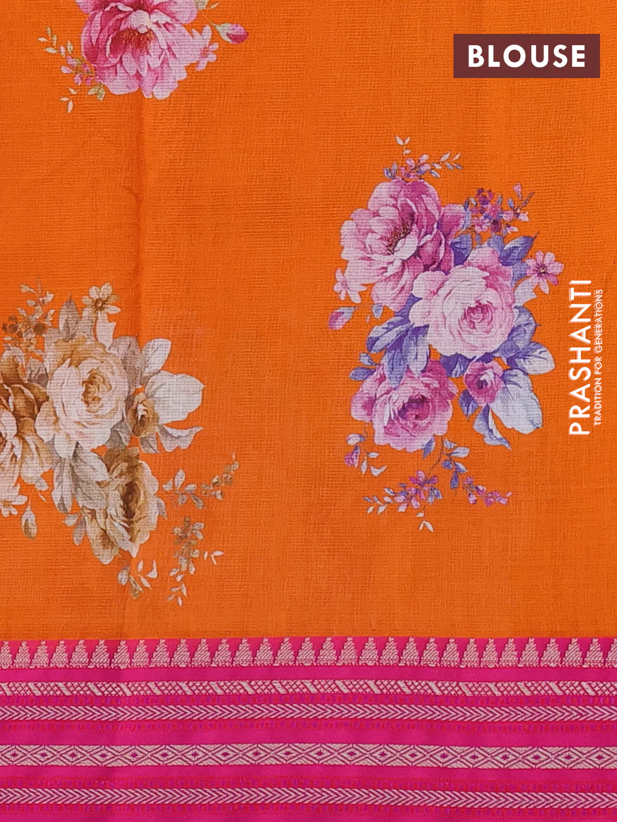 Kota silk cotton saree orange and pink with allover floral digital prints and woven border - Image 3