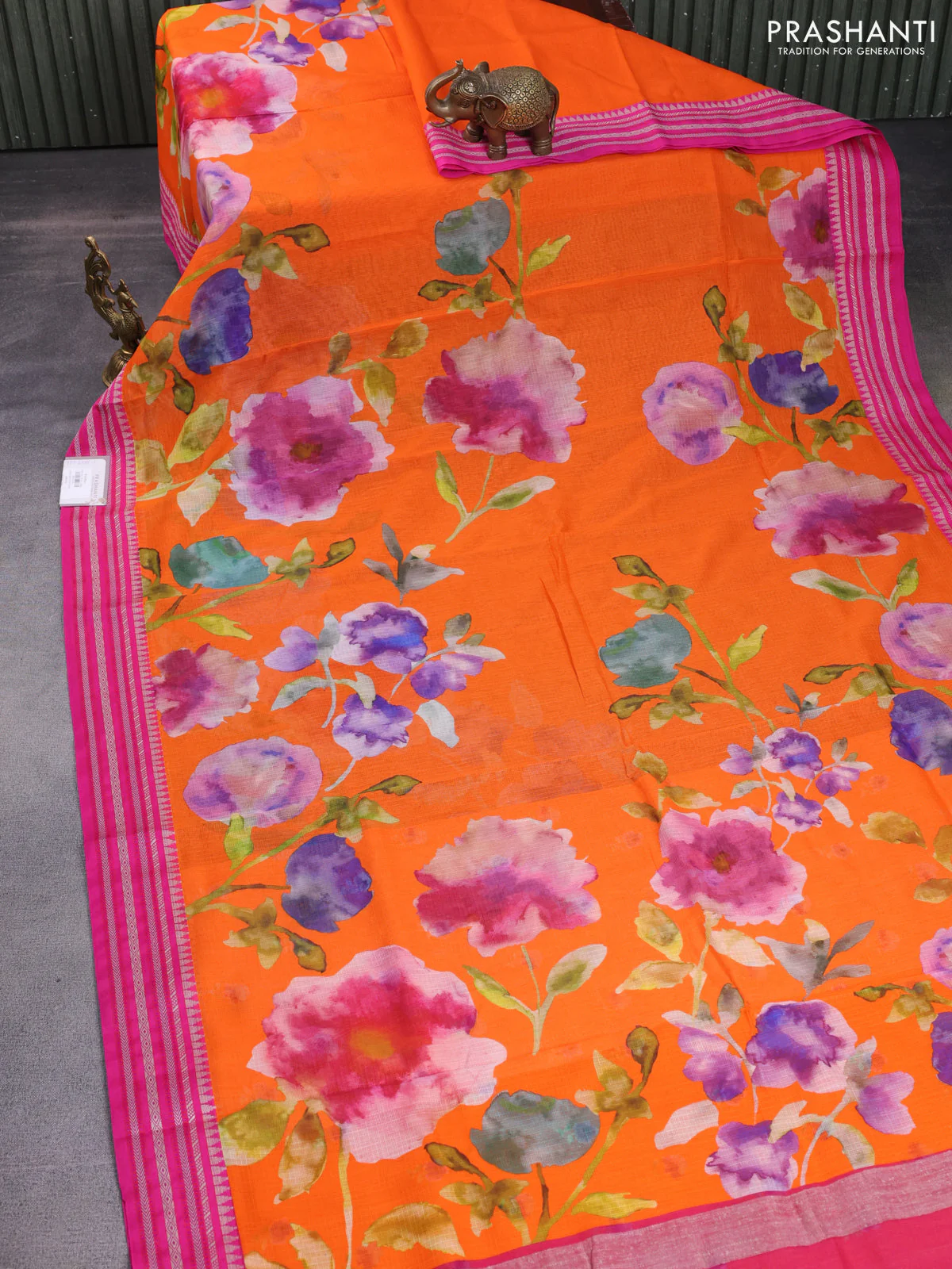 Kota silk cotton saree orange and pink with allover floral digital prints and woven border - Image 2