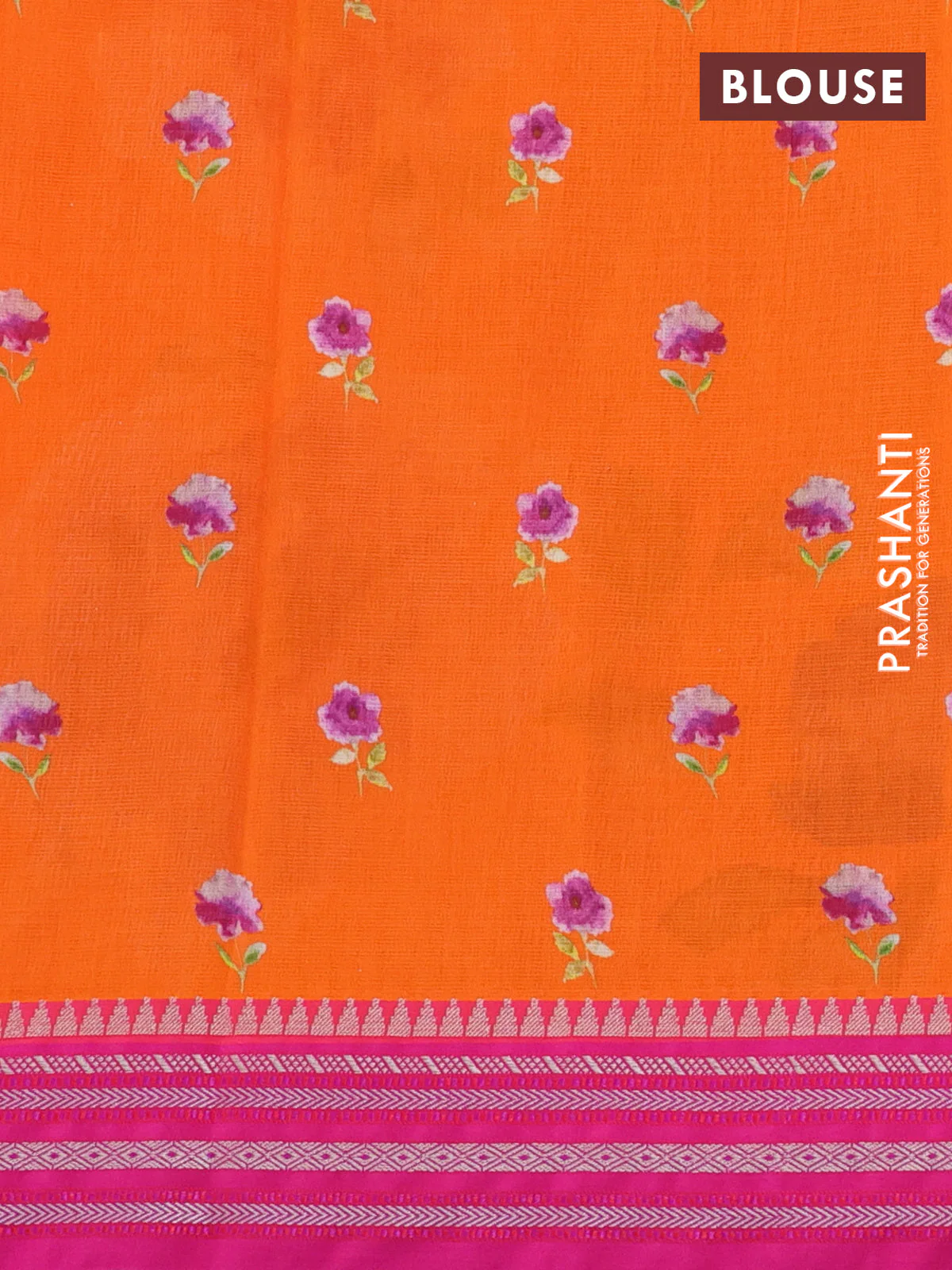 Kota silk cotton saree orange and pink with allover floral digital prints and woven border - Image 3