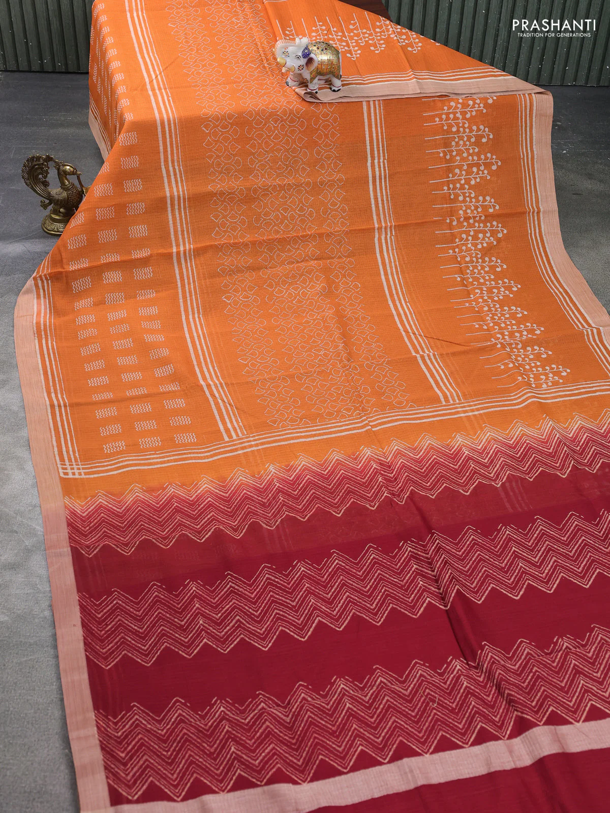 Kota silk cotton saree orange and red with allover block prints and simple border - Image 2