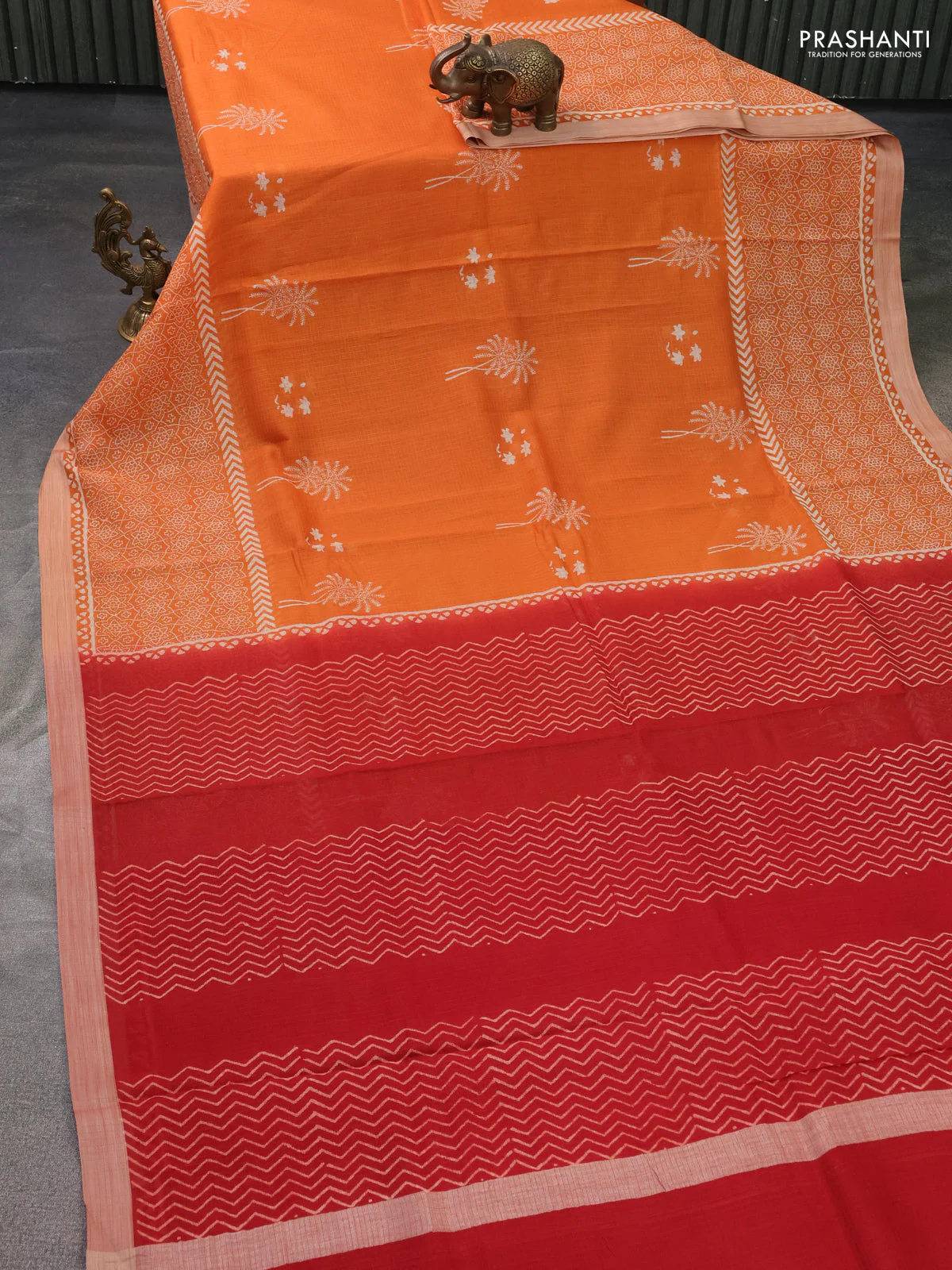 Kota silk cotton saree orange and red with butta block prints and long printed border - Image 2