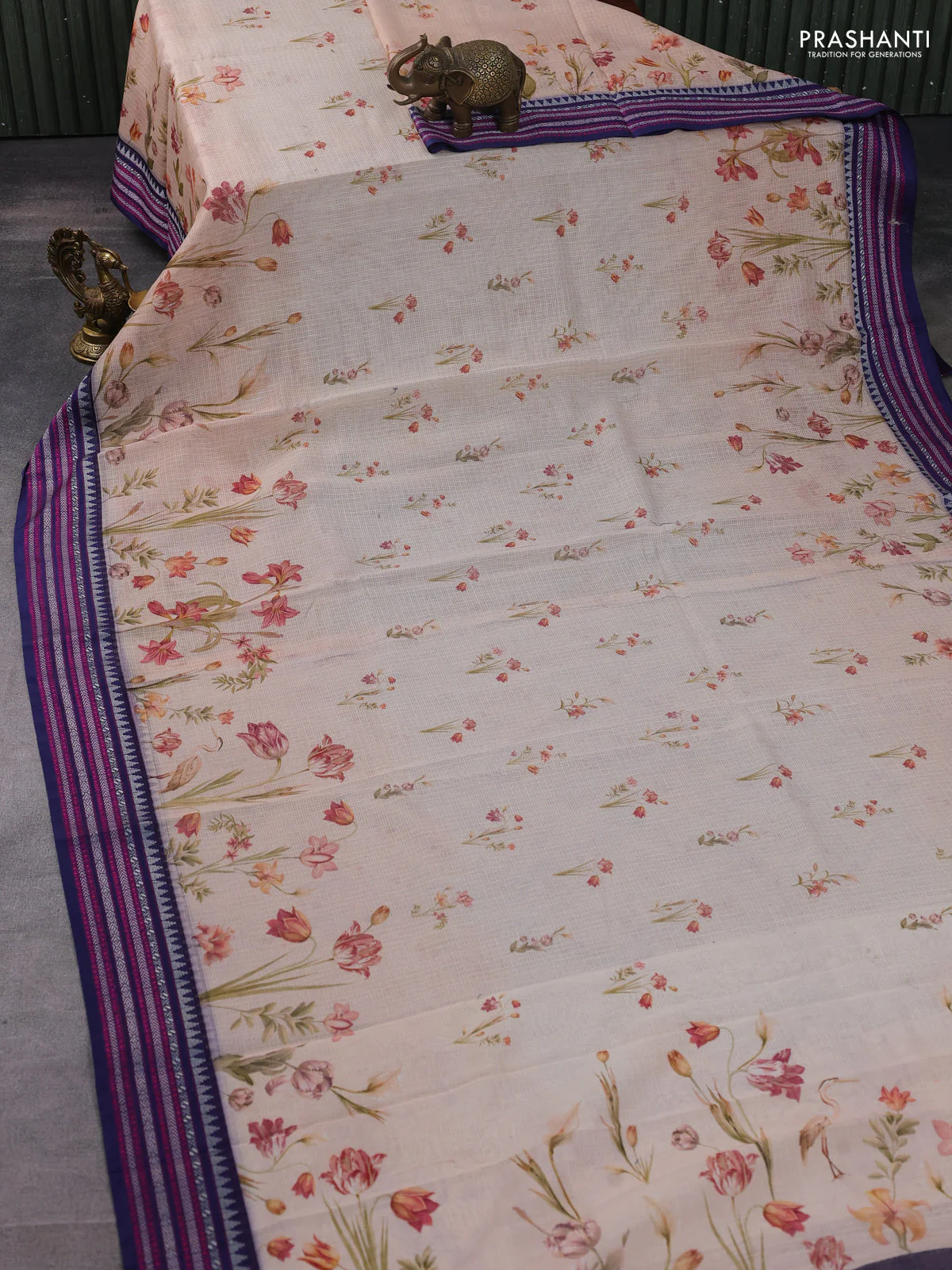 Kota silk cotton saree pale orange and navy blue with allover floral digital prints and thread woven border - Image 2