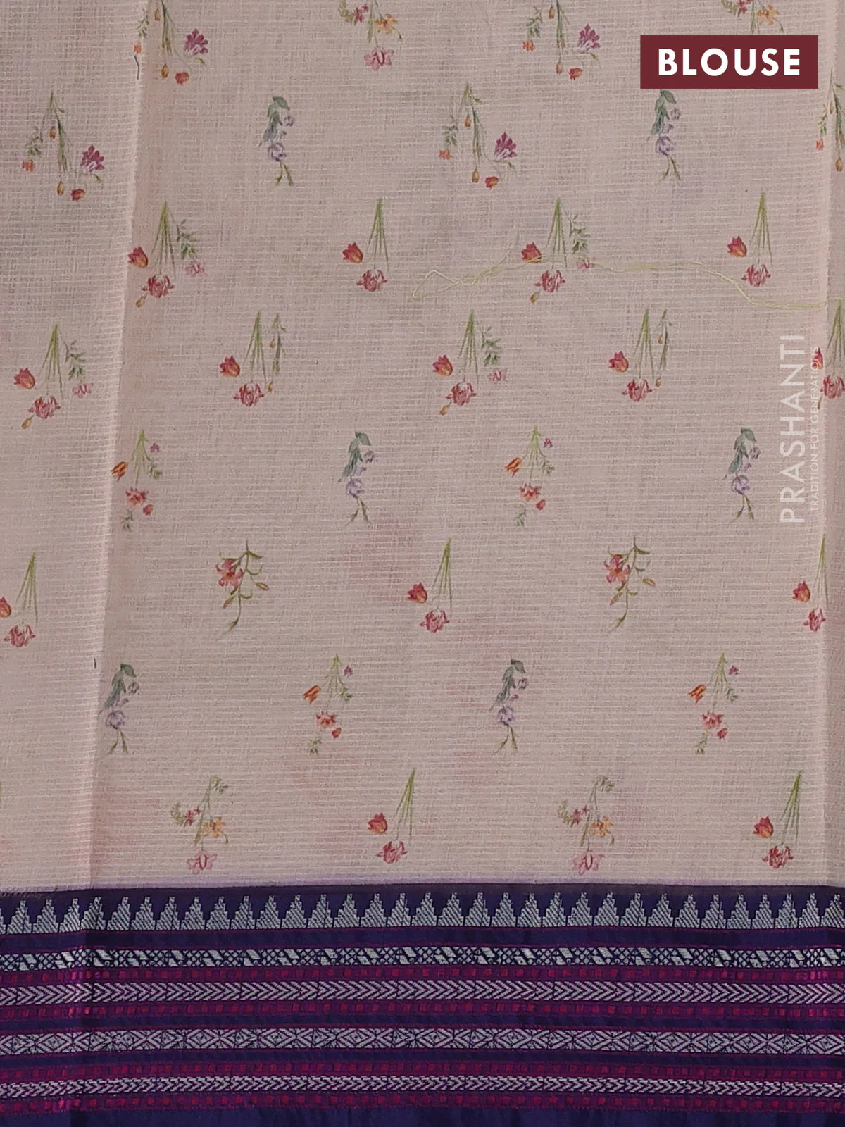 Kota silk cotton saree pale orange and navy blue with allover floral digital prints and thread woven border - Image 3