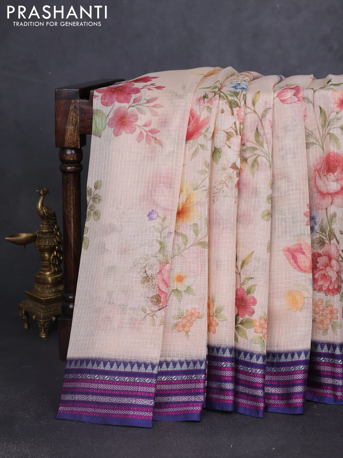 Kota silk cotton saree pale orange shade and navy blue with floarl digital prints and thread woven border