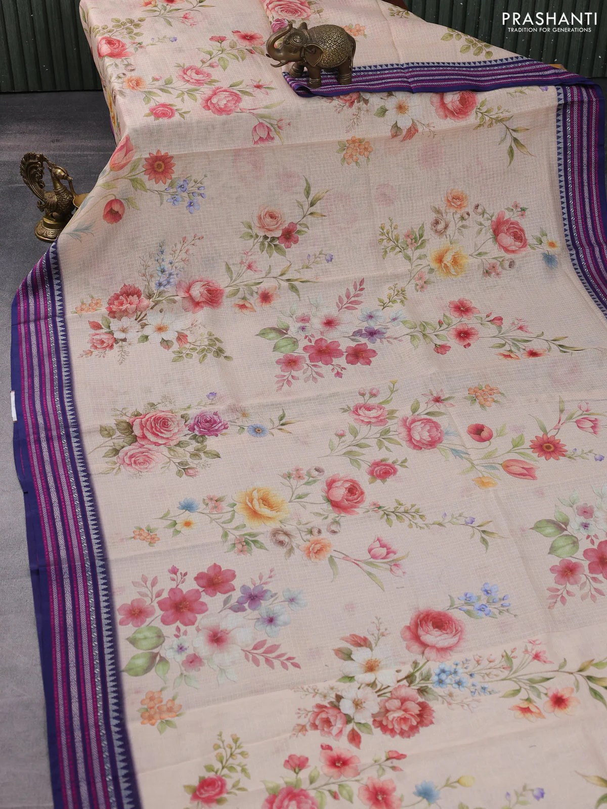Kota silk cotton saree pale orange shade and navy blue with floarl digital prints and thread woven border - Image 2