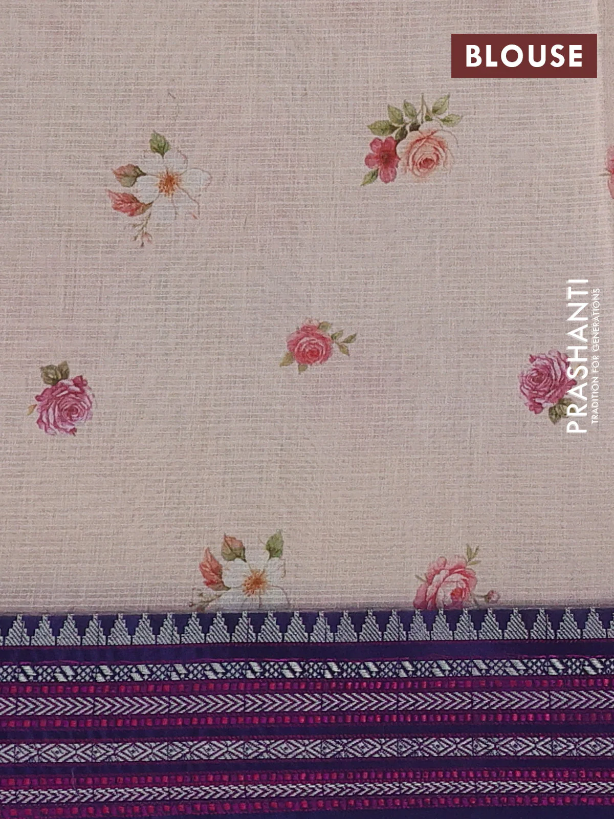 Kota silk cotton saree pale orange shade and navy blue with floarl digital prints and thread woven border - Image 3